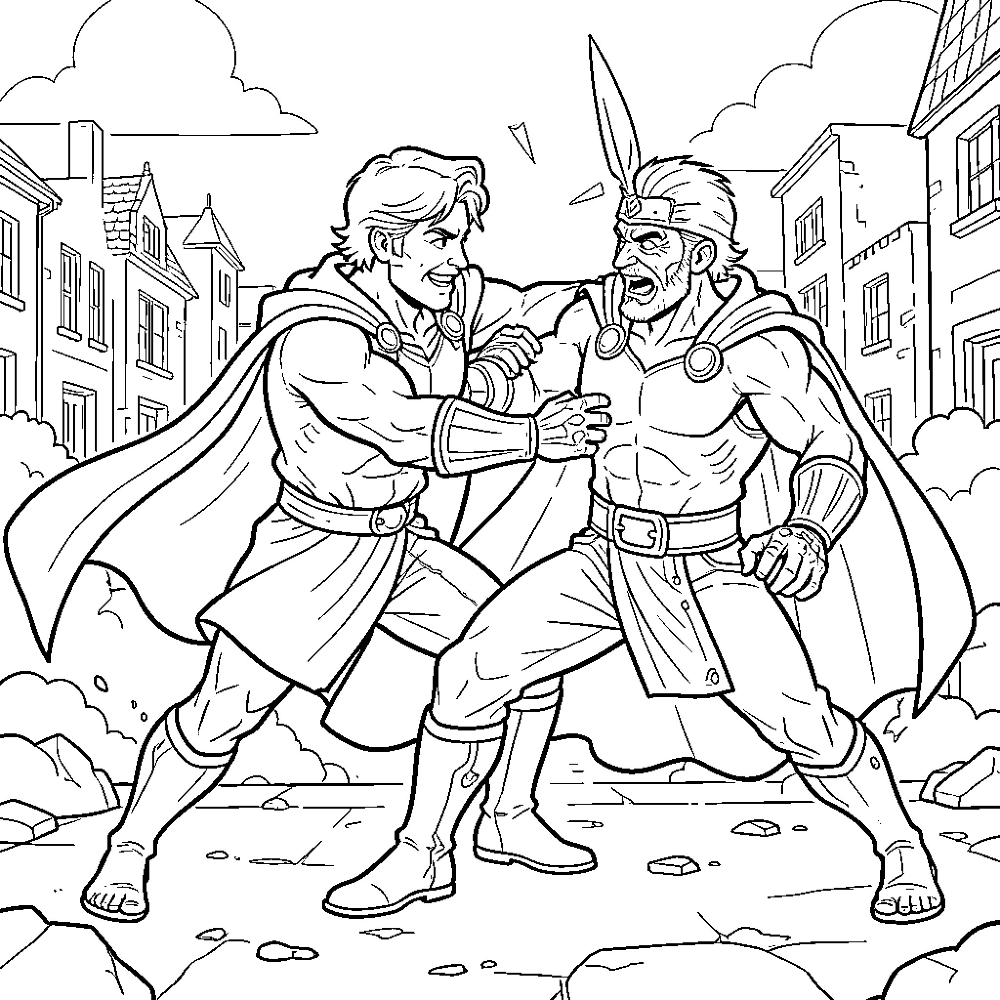 Miraculous superhero battle between two powerful warriors Coloring Page (free black-and-white line drawing printable PDF for all, from beginners to advanced learners, including children, teens, adults, and seniors)