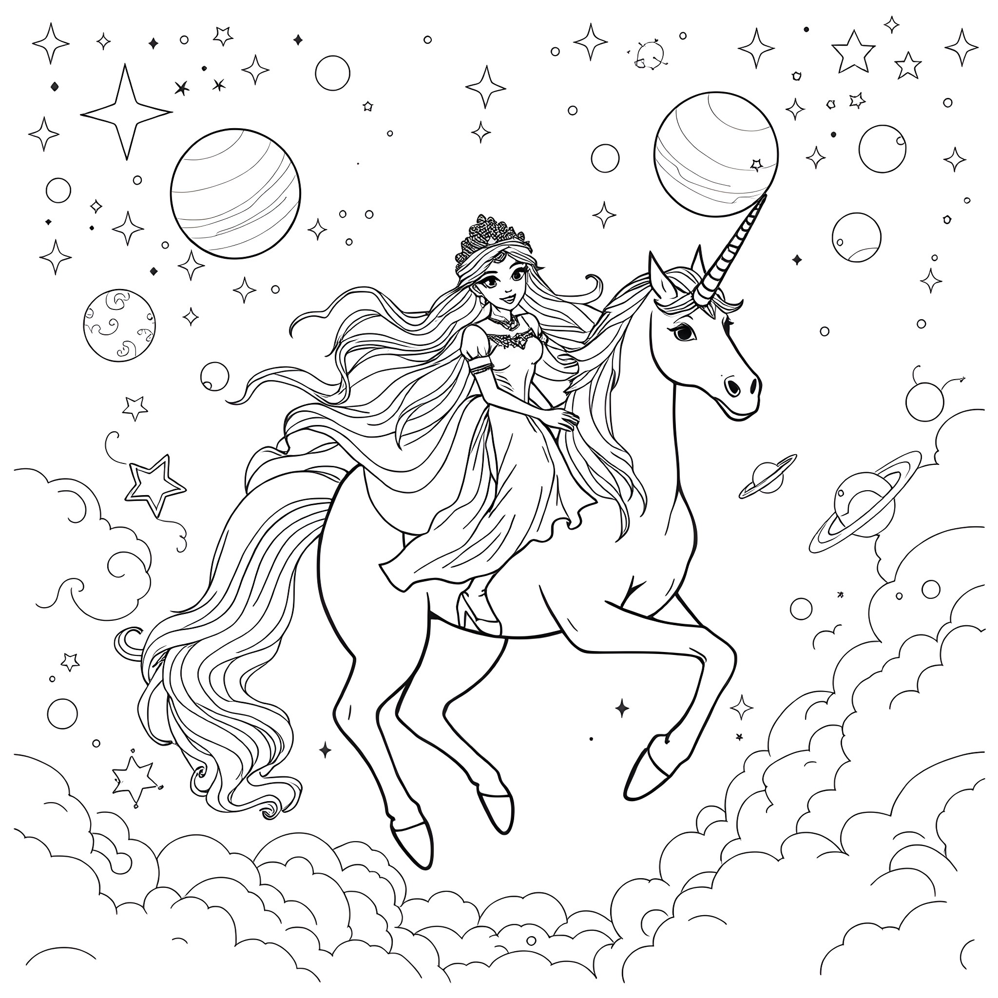 Princess riding a magical unicorn through the cosmos Coloring Page (free black-and-white line drawing printable PDF for all, from beginners to advanced learners, including children, teens, adults, and seniors)