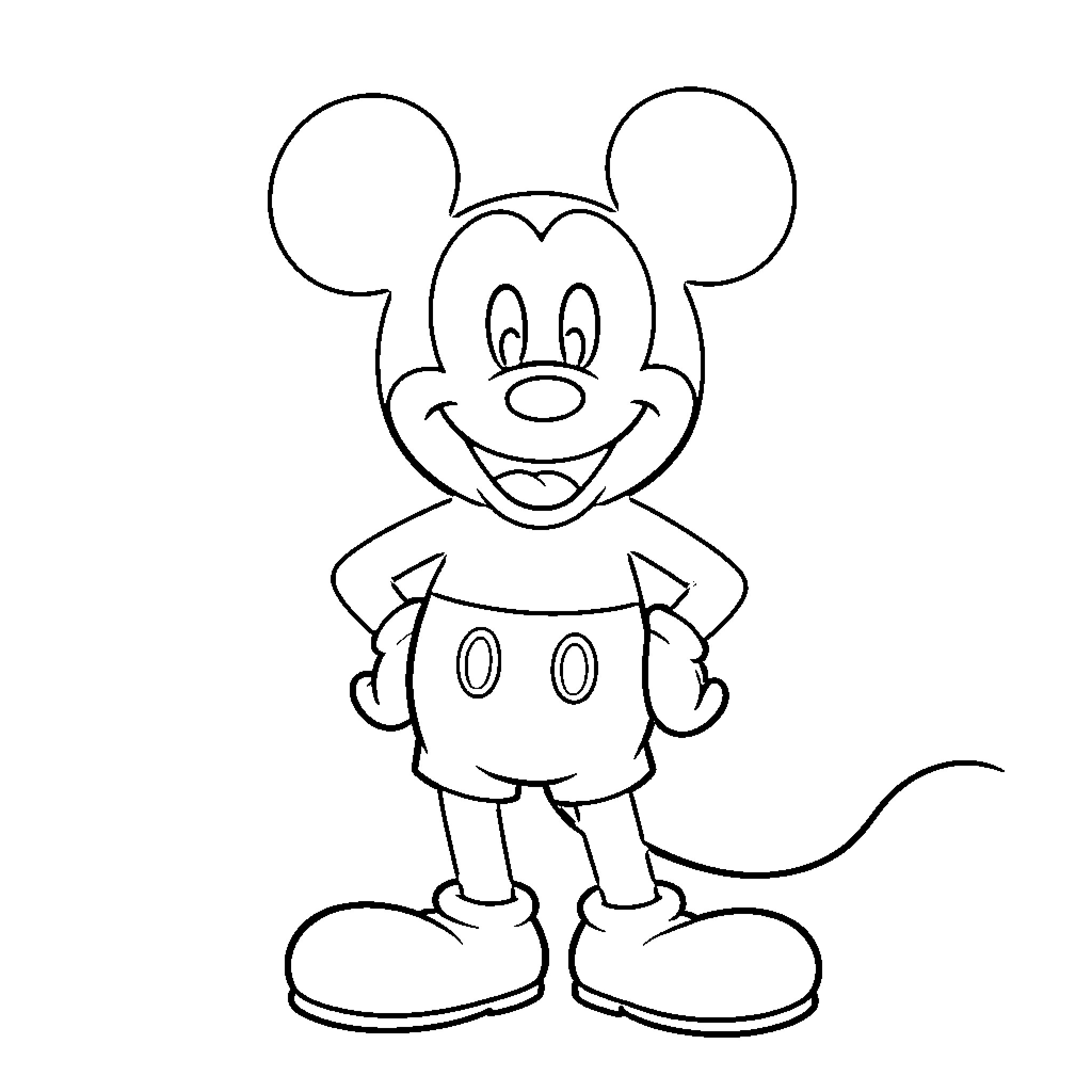 Mickey Mouse standing and smiling joyfully Coloring Page (free black-and-white line drawing printable PDF for all, from beginners to advanced learners, including children, teens, adults, and seniors)