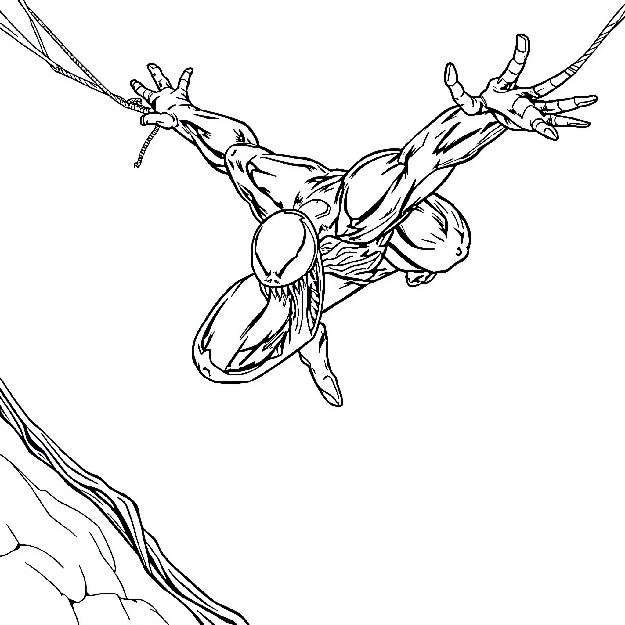 Venom Symbiote Attacking and Leaping Coloring Page (free black-and-white line drawing printable PDF for all, from beginners to advanced learners, including children, teens, adults, and seniors)