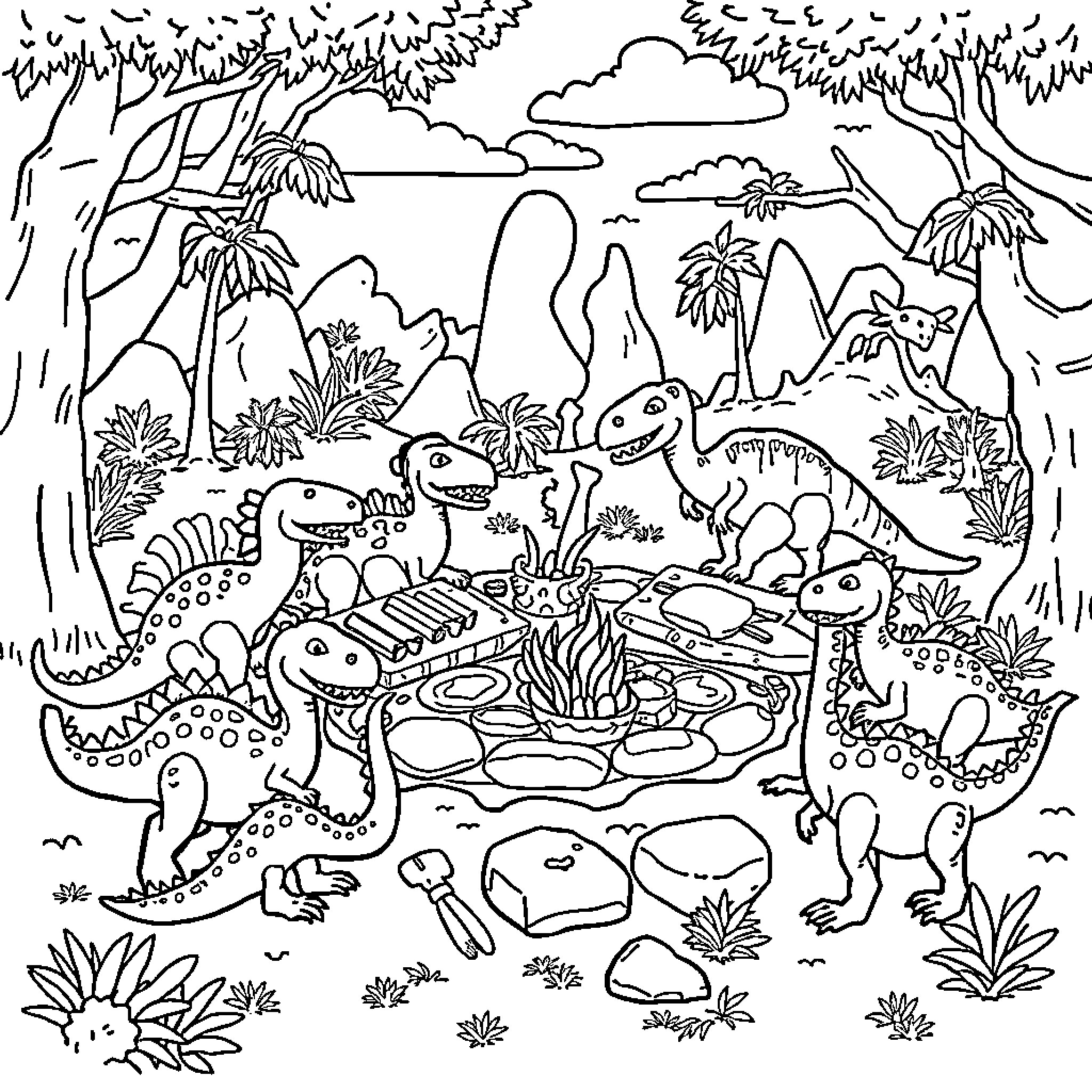 Dinosaurs Playing in a Lush Prehistoric Landscape Coloring Page (free black-and-white line drawing printable PDF for all, from beginners to advanced learners, including children, teens, adults, and seniors)