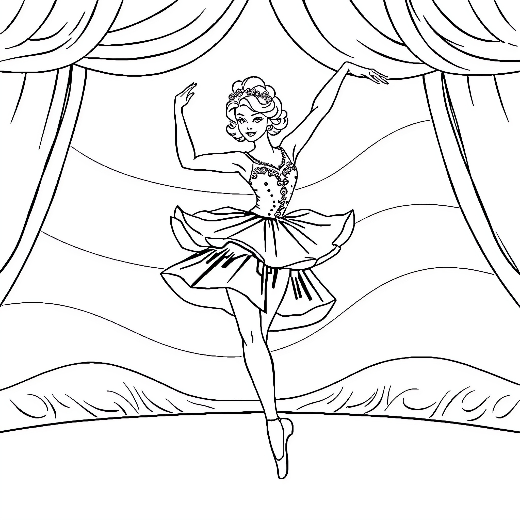 Ballet Dancer in Elegant Costume on Stage Coloring Page (free black-and-white line drawing printable PDF for all, from beginners to advanced learners, including children, teens, adults, and seniors)