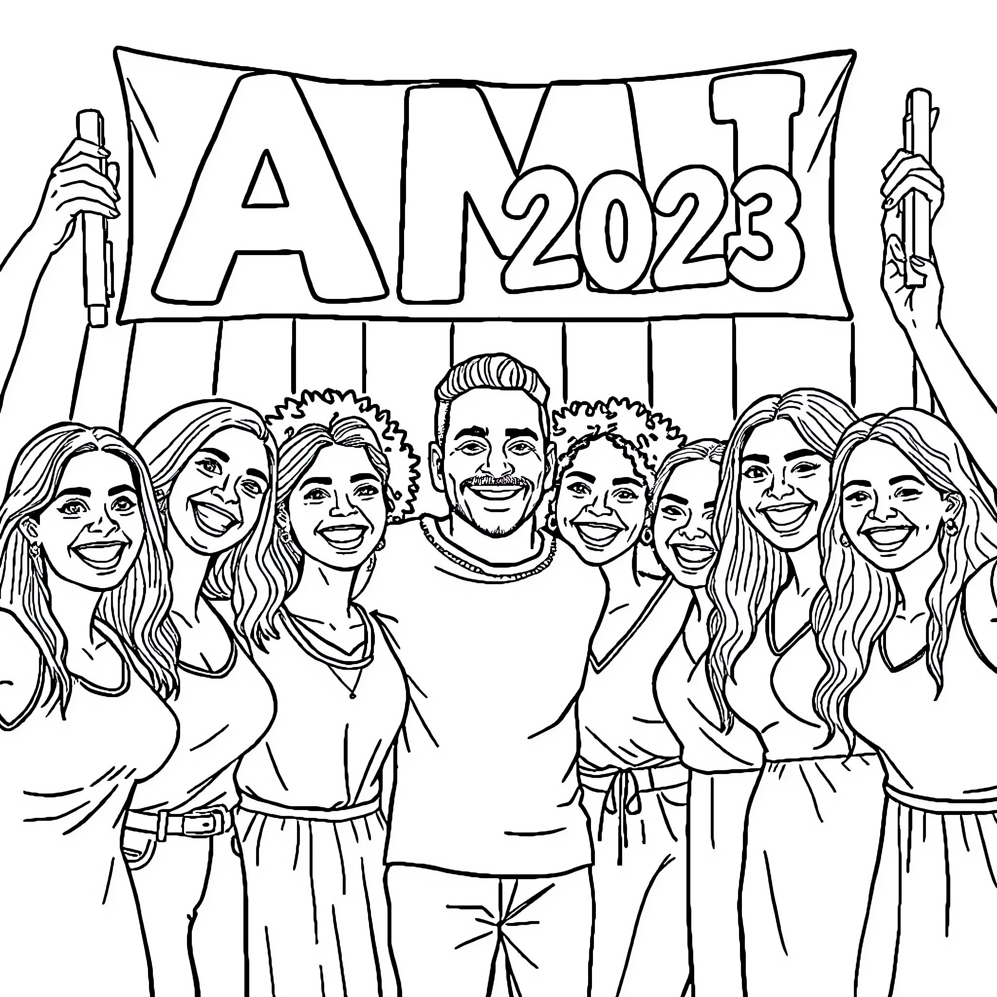 Woman celebrating with friends at a party Coloring Page (free black-and-white line drawing printable PDF for all, from beginners to advanced learners, including children, teens, adults, and seniors)