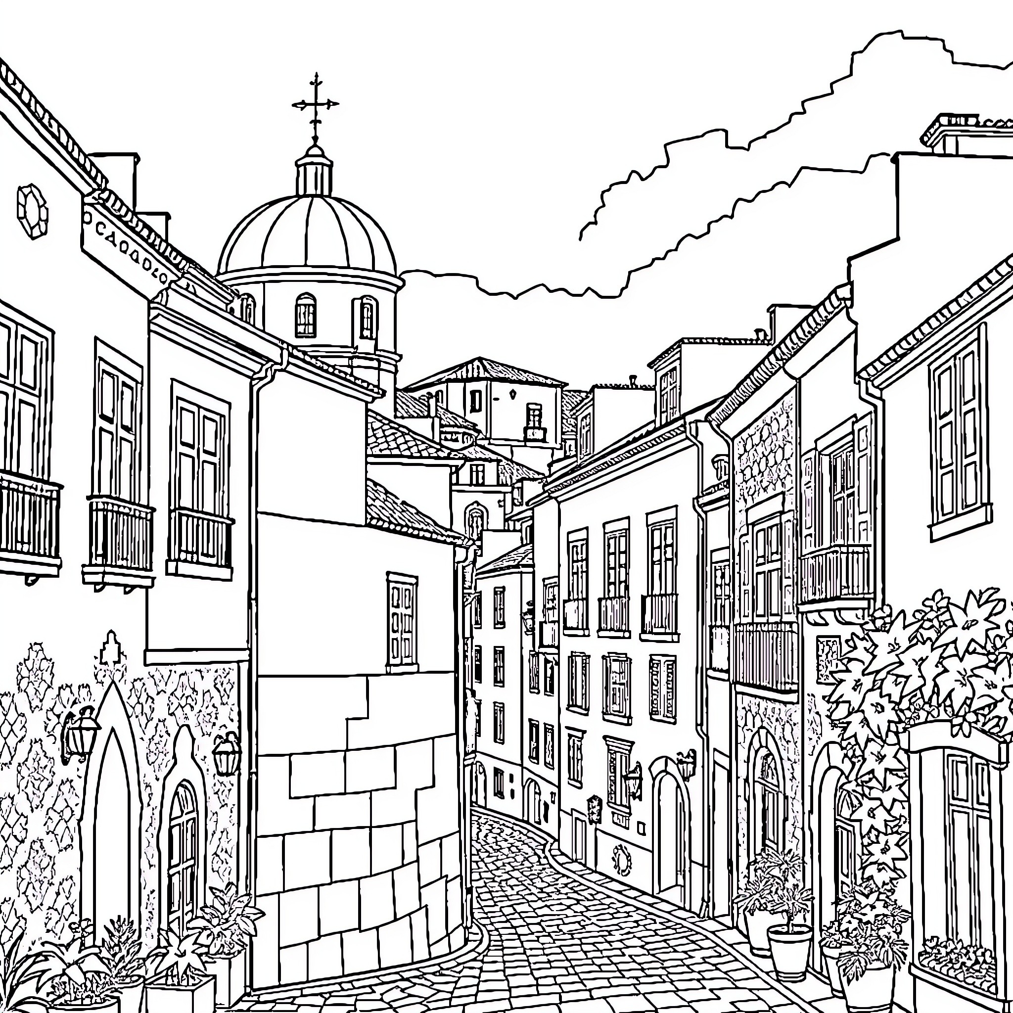 City street with historic architecture and scenic views Coloring Page (free black-and-white line drawing printable PDF for all, from beginners to advanced learners, including children, teens, adults, and seniors)