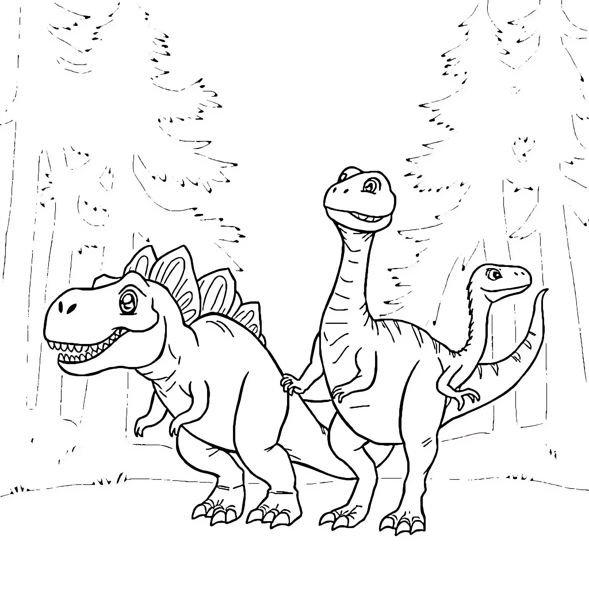 Dinosaurs Roaming Prehistoric Landscape Coloring Page (free black-and-white line drawing printable PDF for all, from beginners to advanced learners, including children, teens, adults, and seniors)