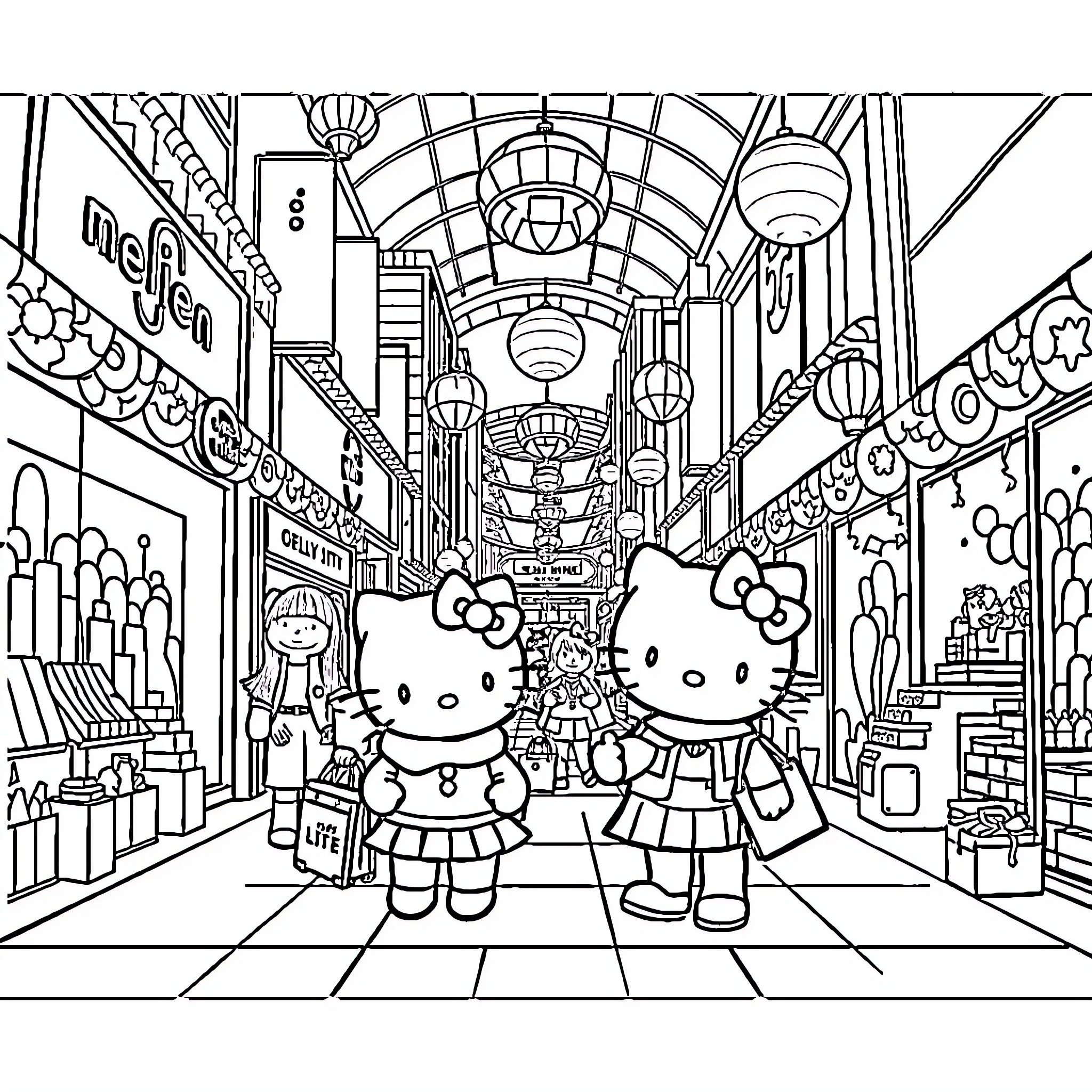 Hello Kitty exploring a bustling Asian market Coloring Page (free black-and-white line drawing printable PDF for all, from beginners to advanced learners, including children, teens, adults, and seniors)