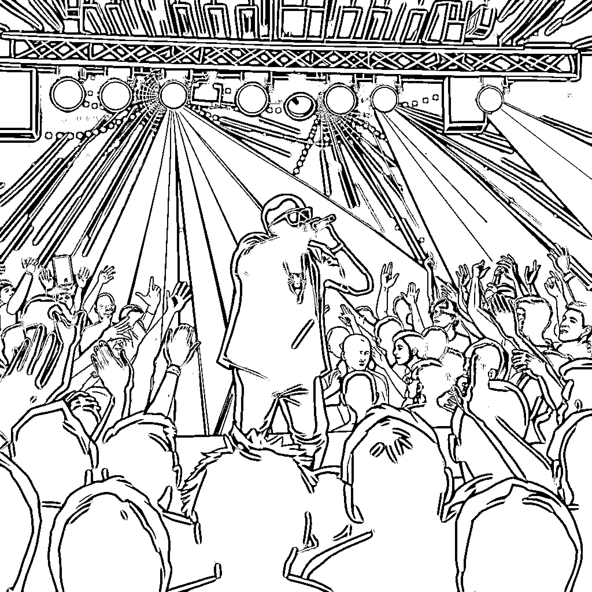 Gims performing on a bright stage with an energetic crowd Coloring Page (free black-and-white line drawing printable PDF for all, from beginners to advanced learners, including children, teens, adults, and seniors)