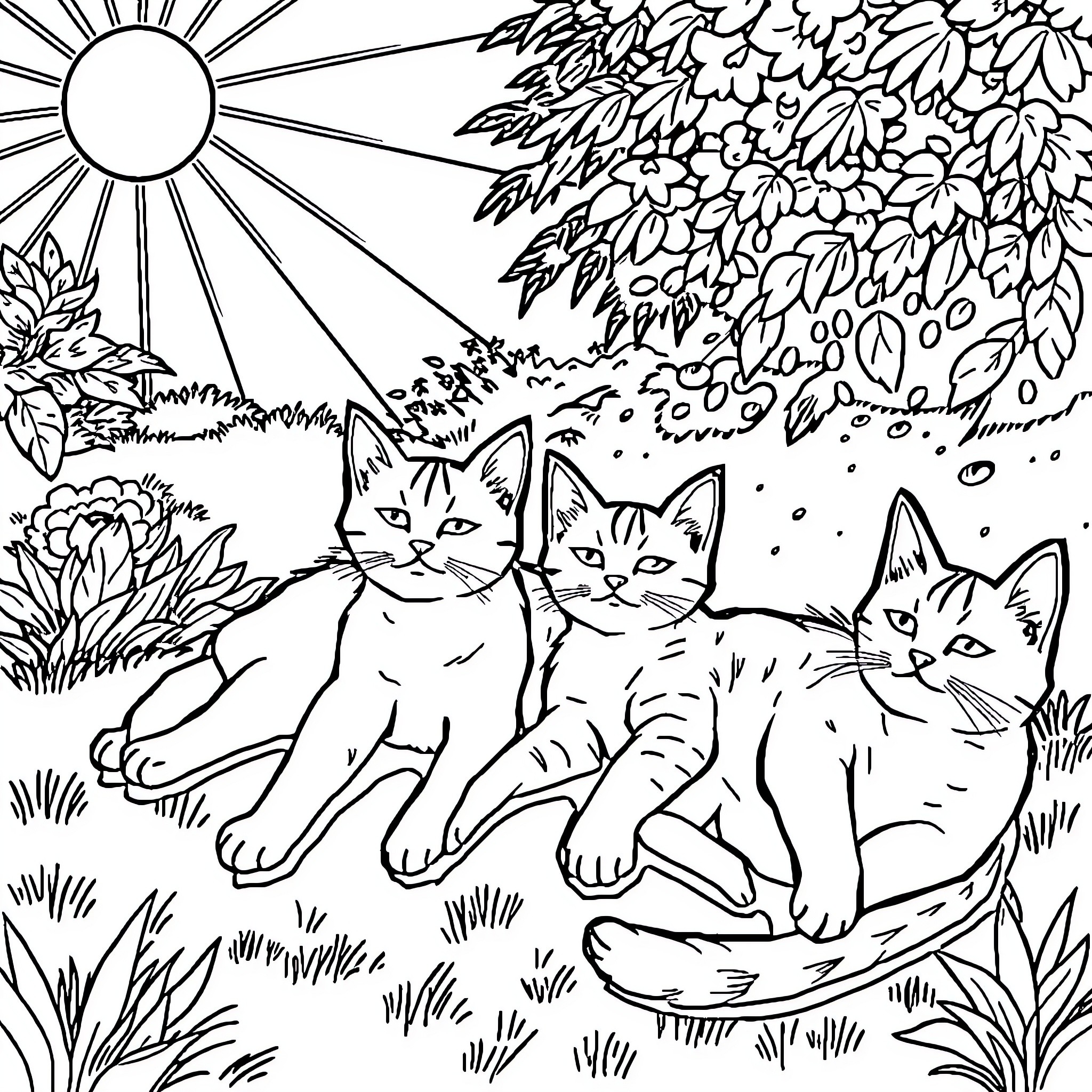 Cats Resting in the Sunshine Coloring Page (free black-and-white line drawing printable PDF for all, from beginners to advanced learners, including children, teens, adults, and seniors)