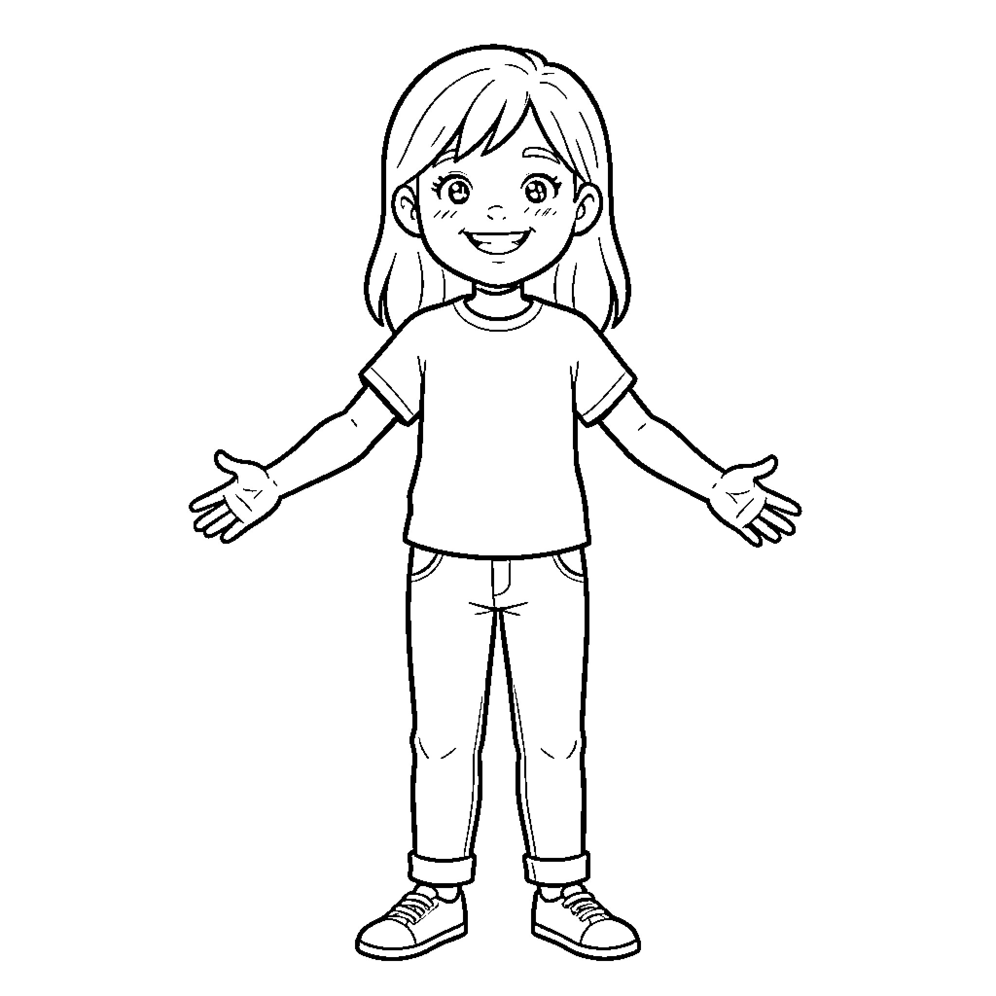 Romy smiling with arms outstretched in casual clothes Coloring Page (free black-and-white line drawing printable PDF for all, from beginners to advanced learners, including children, teens, adults, and seniors)