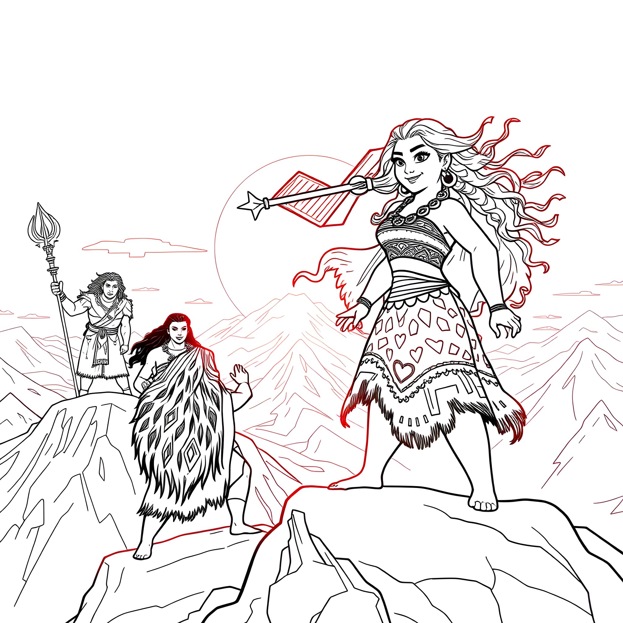 Moana exploring the mountain landscape with her companions Coloring Page (free black-and-white line drawing printable PDF for all, from beginners to advanced learners, including children, teens, adults, and seniors)