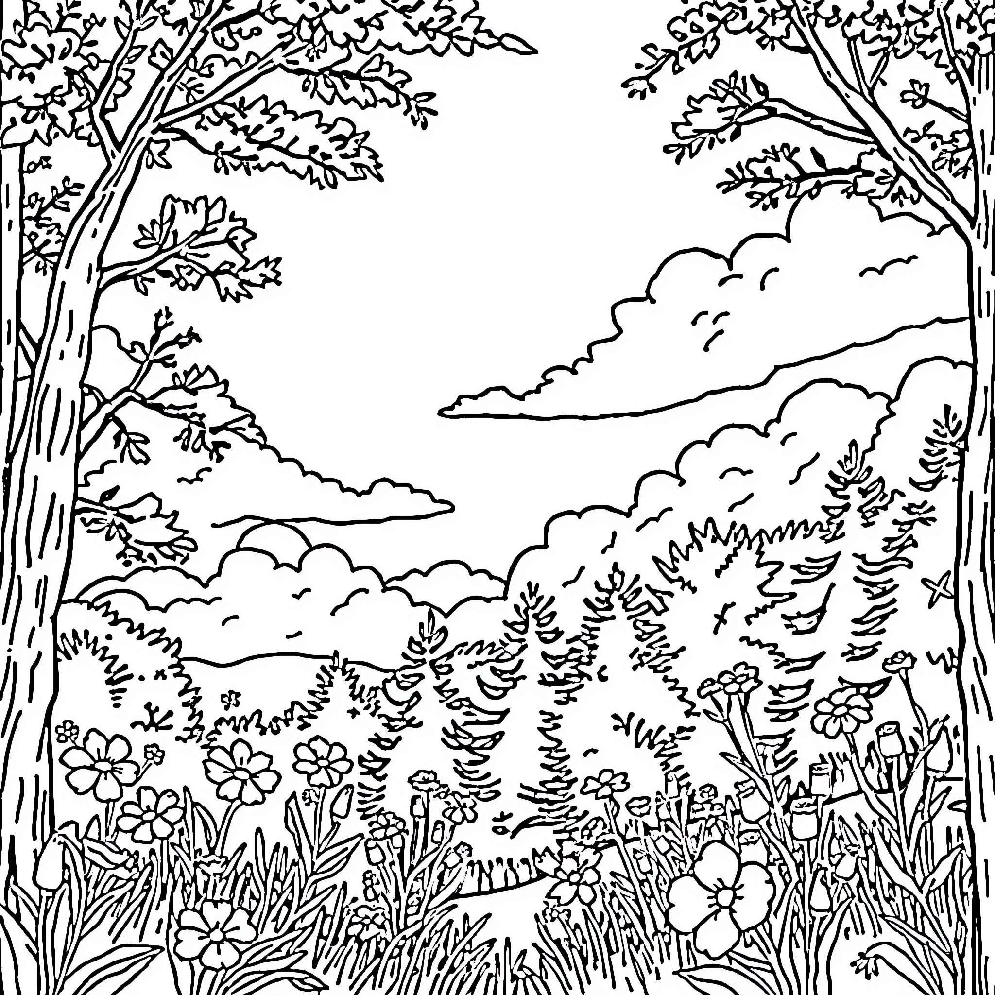 Nature Landscape with Trees and Flowers Coloring Page (free black-and-white line drawing printable PDF for all, from beginners to advanced learners, including children, teens, adults, and seniors)