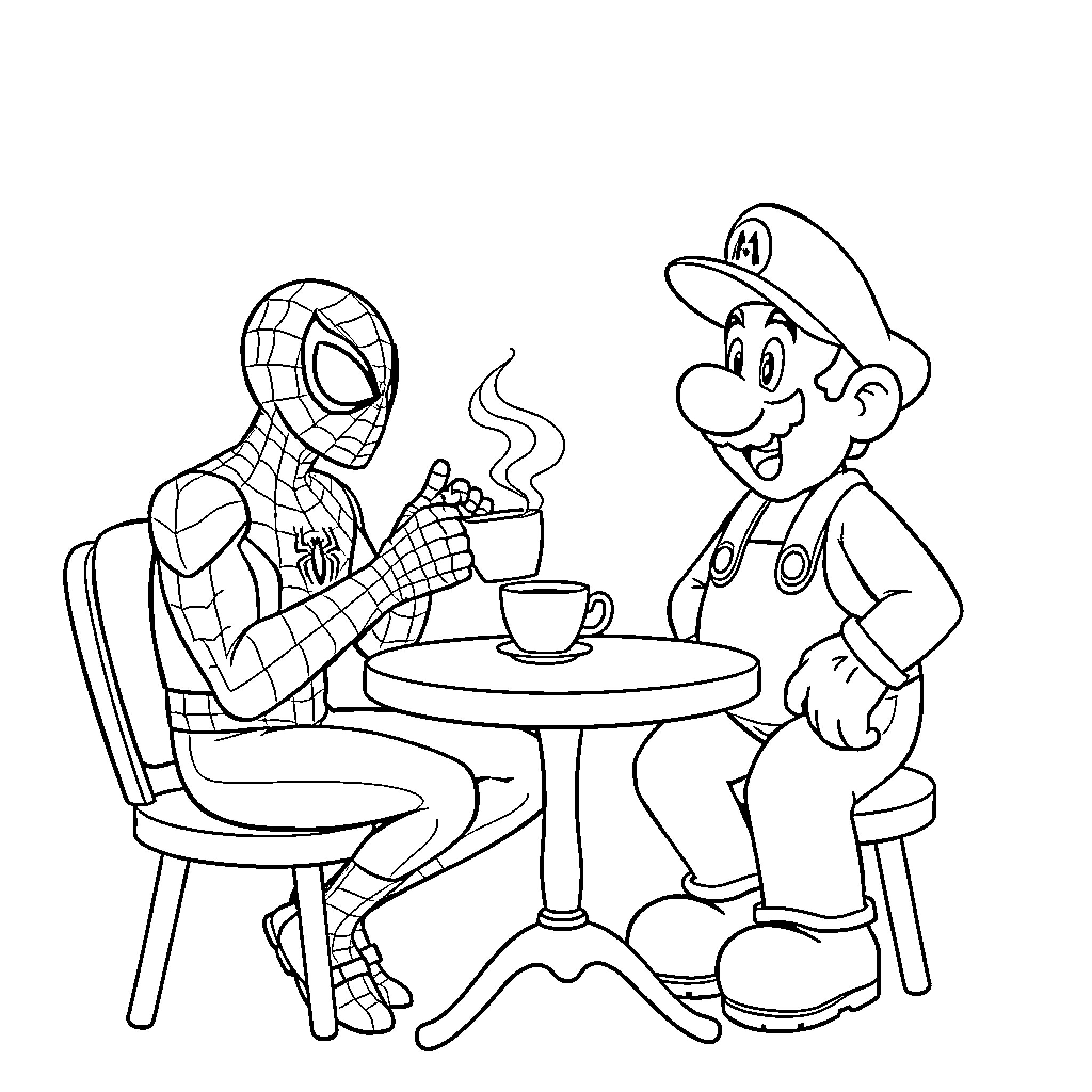 Spiderman and Mario enjoying coffee together Coloring Page (free black-and-white line drawing printable PDF for all, from beginners to advanced learners, including children, teens, adults, and seniors)