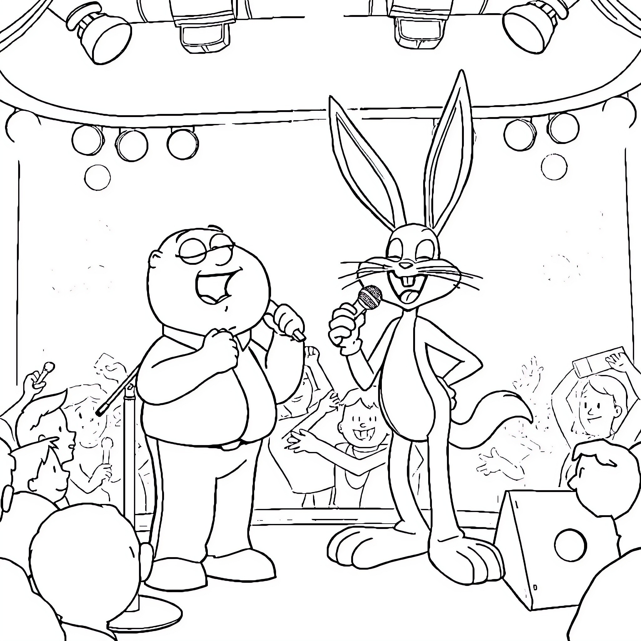 Stewie and Bugs Bunny's Mischievous Antics Coloring Page (free black-and-white line drawing printable PDF for all, from beginners to advanced learners, including children, teens, adults, and seniors)