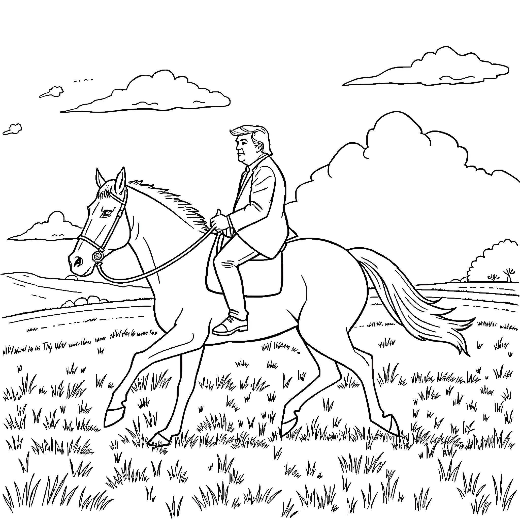 Donald Trump Riding Horse Through Countryside Coloring Page (free black-and-white line drawing printable PDF for all, from beginners to advanced learners, including children, teens, adults, and seniors)