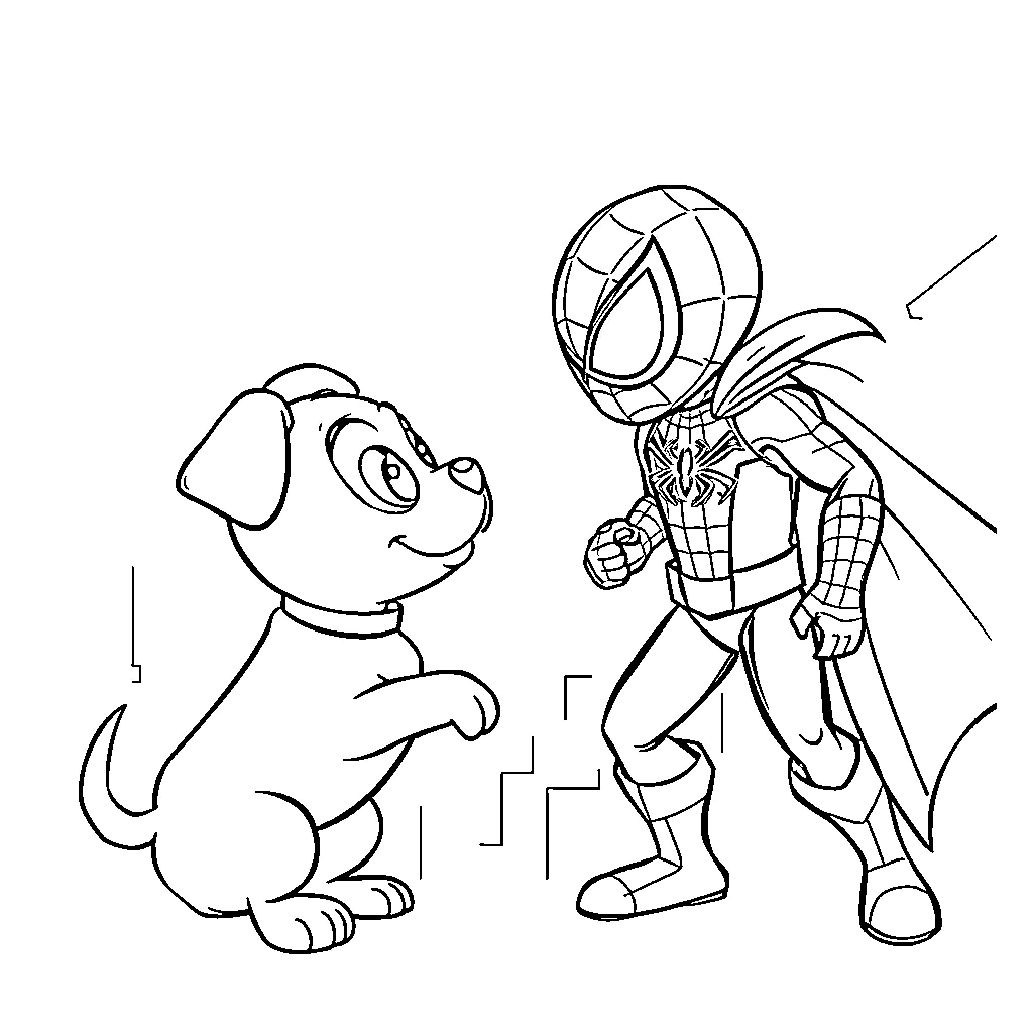 Bluey and Spider-Man play together Coloring Page (free black-and-white line drawing printable PDF for all, from beginners to advanced learners, including children, teens, adults, and seniors)