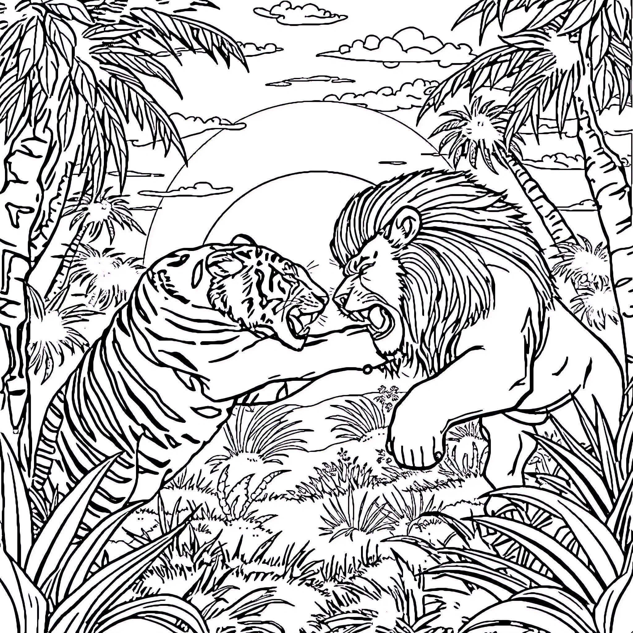 Tiger and Lion in Tropical Jungle Landscape Coloring Page (free black-and-white line drawing printable PDF for all, from beginners to advanced learners, including children, teens, adults, and seniors)