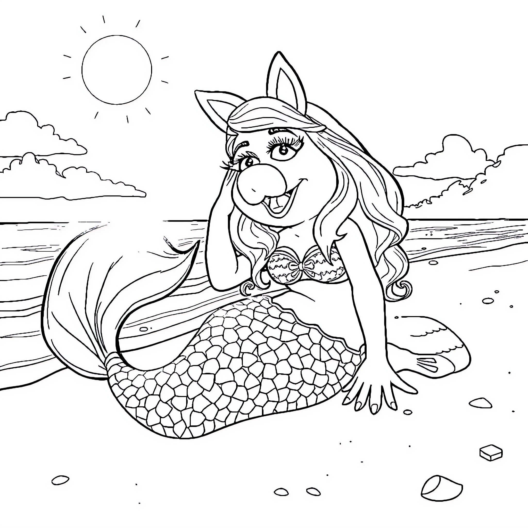 Mermaid relaxing on the beach with seashells Coloring Page (free black-and-white line drawing printable PDF for all, from beginners to advanced learners, including children, teens, adults, and seniors)