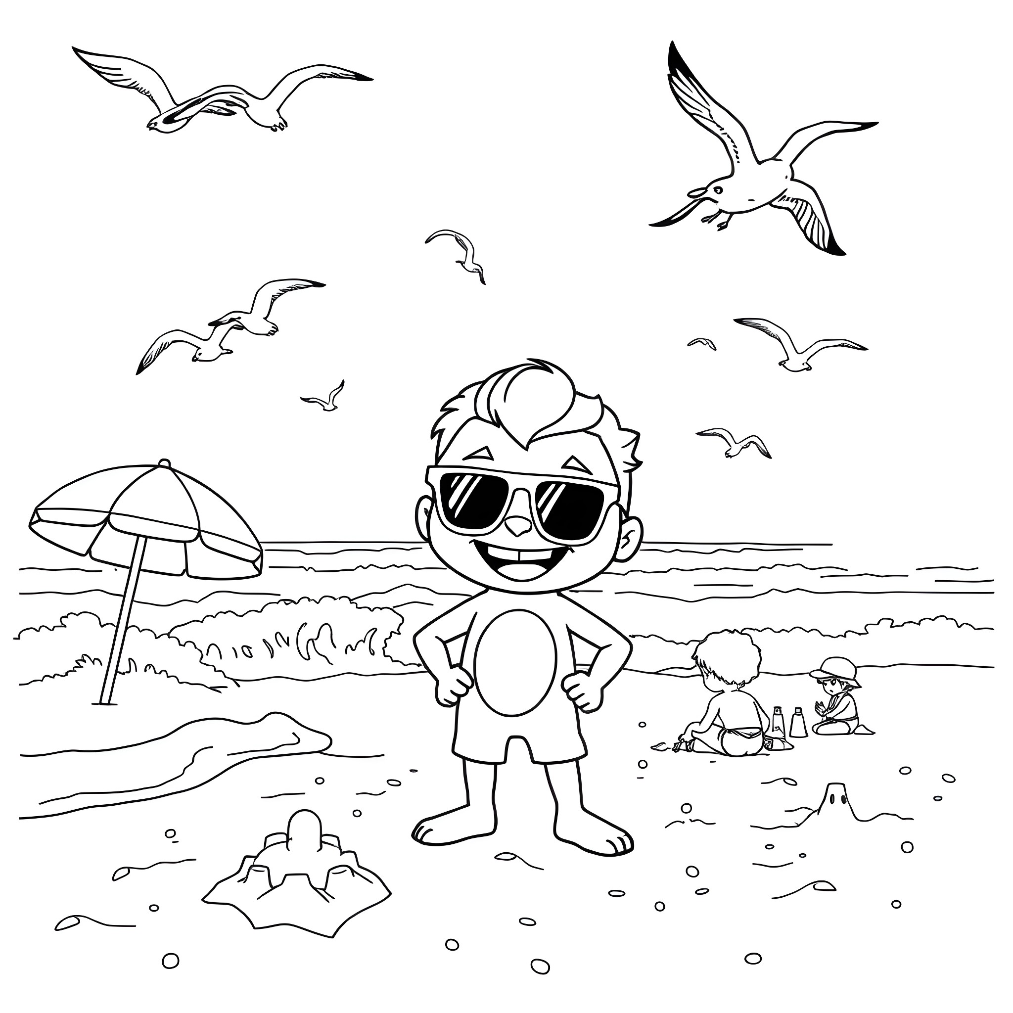 Mojo Jojo's Fun in the Sun Coloring Page (free black-and-white line drawing printable PDF for all, from beginners to advanced learners, including children, teens, adults, and seniors)