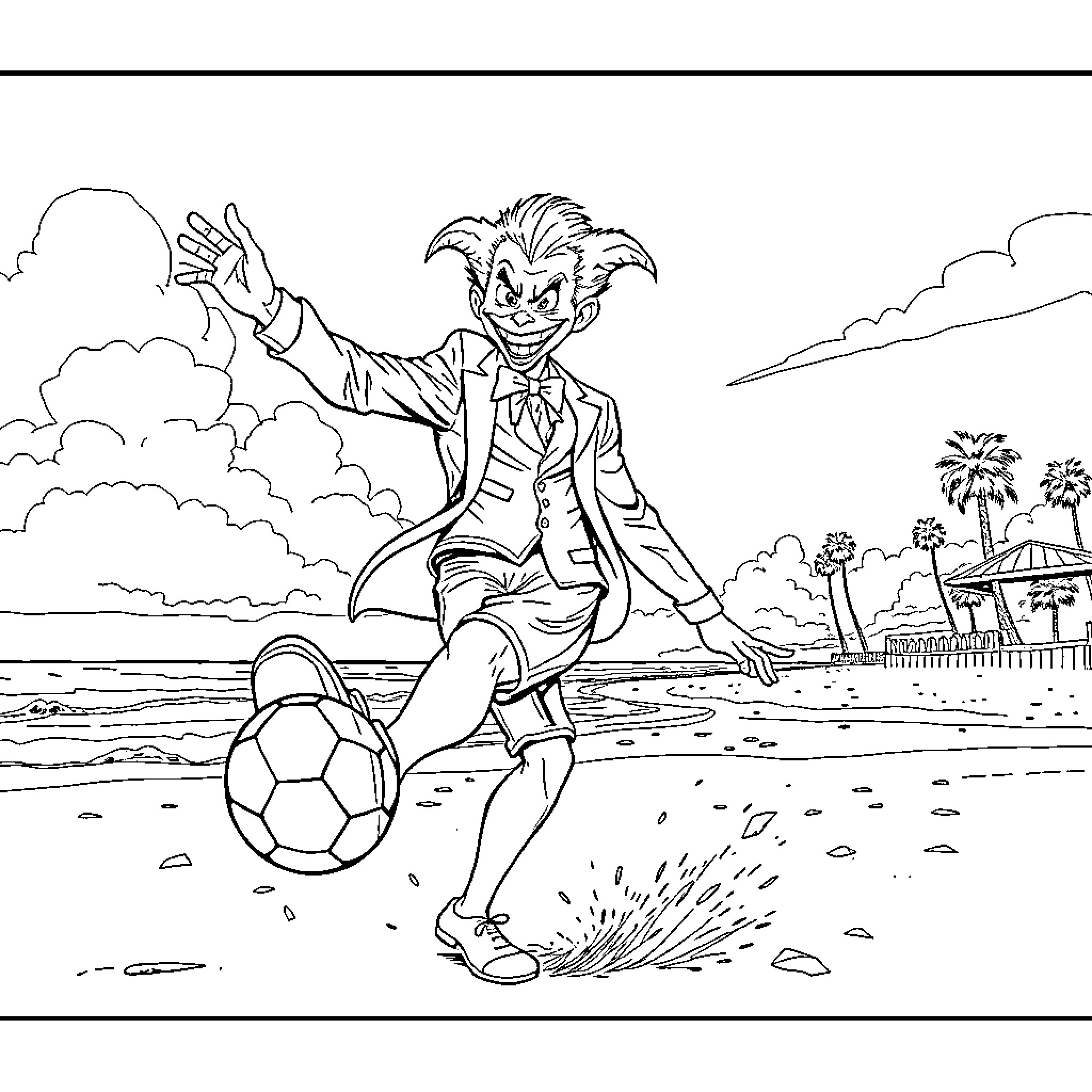 Joker playing soccer on the beach Coloring Page (free black-and-white line drawing printable PDF for all, from beginners to advanced learners, including children, teens, adults, and seniors)