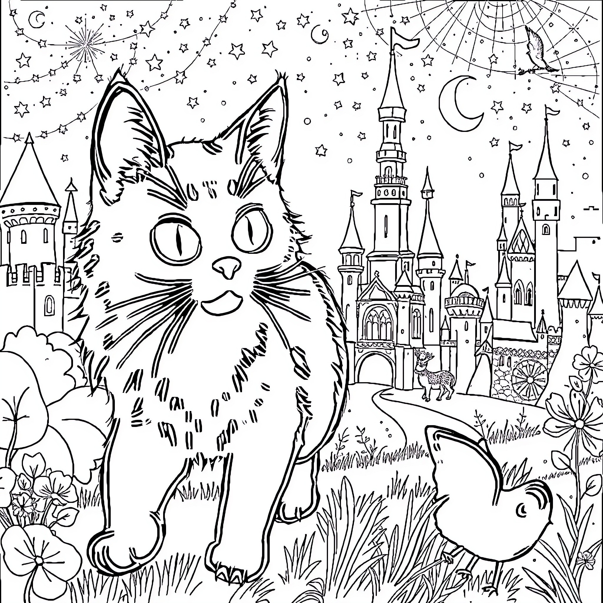 Chat with magical cat in fantasy landscape Coloring Page (free black-and-white line drawing printable PDF for all, from beginners to advanced learners, including children, teens, adults, and seniors)