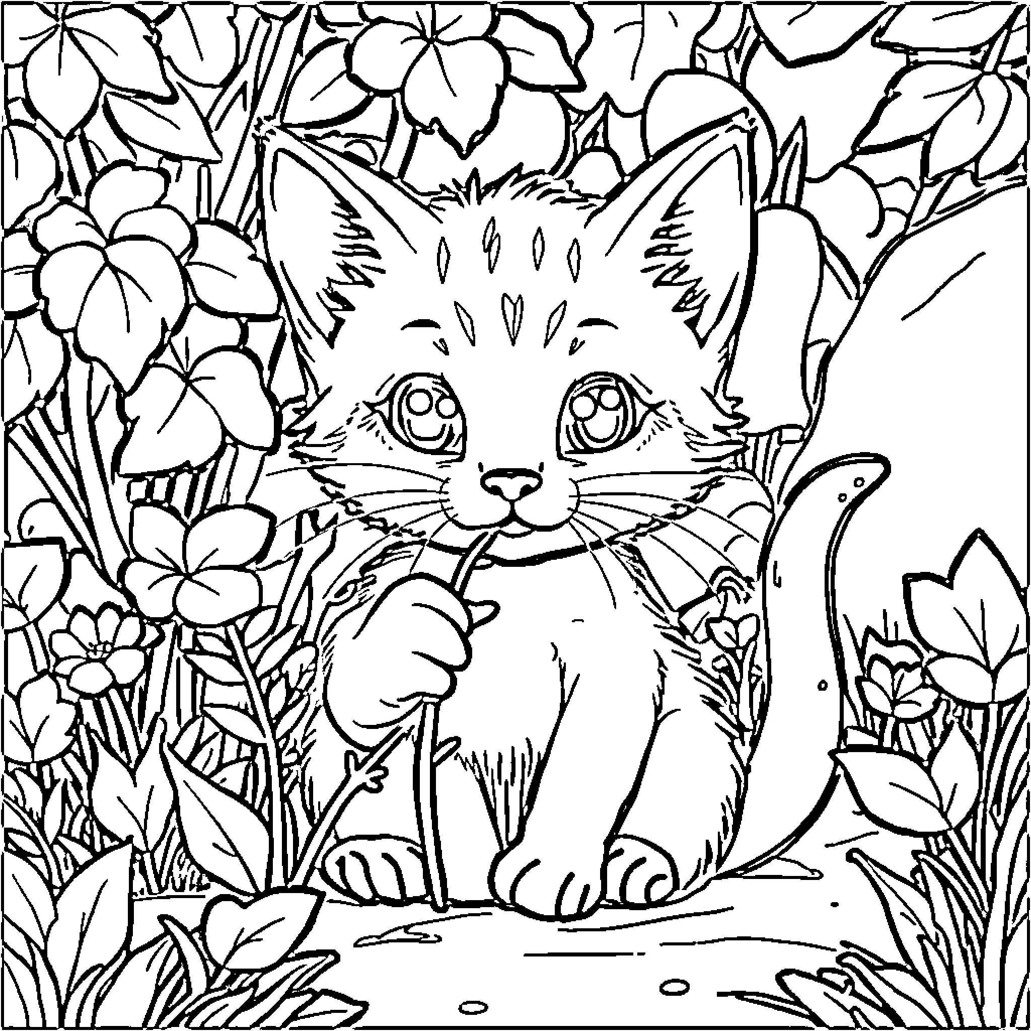 Kitten in Flower Garden Coloring Page (free black-and-white line drawing printable PDF for all, from beginners to advanced learners, including children, teens, adults, and seniors)