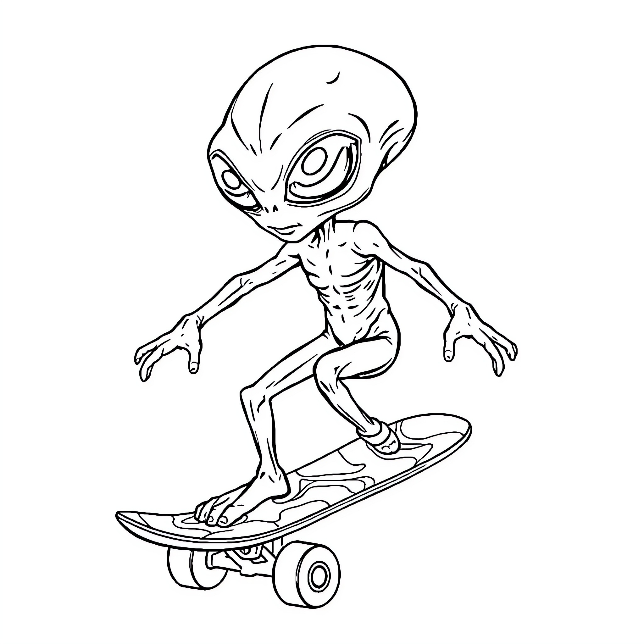 Alien creature surfing on a hoverboard Coloring Page (free black-and-white line drawing printable PDF for all, from beginners to advanced learners, including children, teens, adults, and seniors)