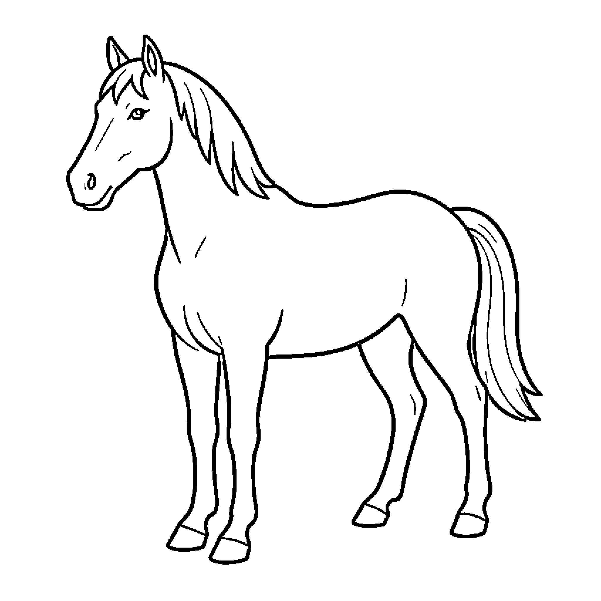 Horse standing calmly in a profile view Coloring Page (free black-and-white line drawing printable PDF for all, from beginners to advanced learners, including children, teens, adults, and seniors)