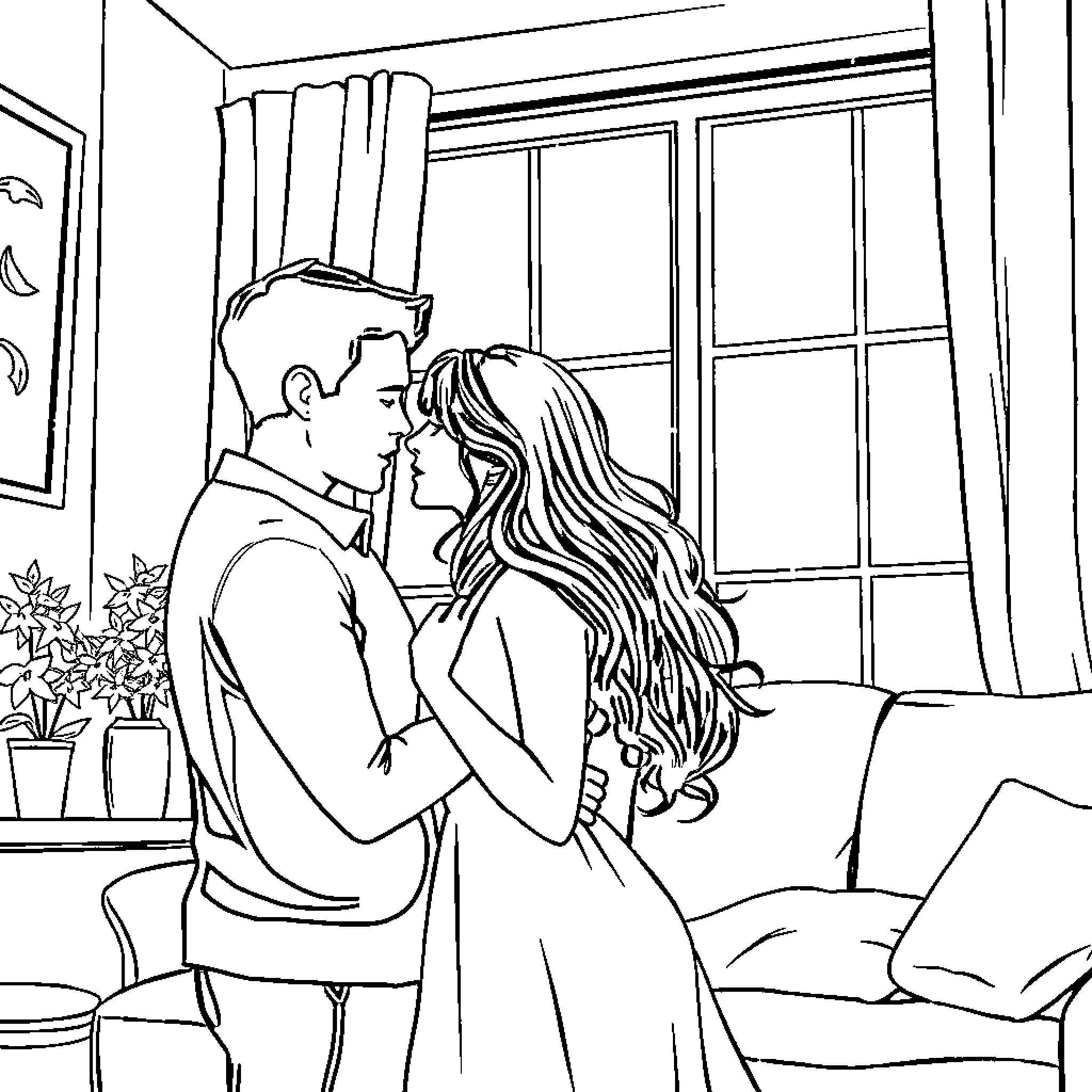 Couple embracing tenderly by the window Coloring Page (free black-and-white line drawing printable PDF for all, from beginners to advanced learners, including children, teens, adults, and seniors)