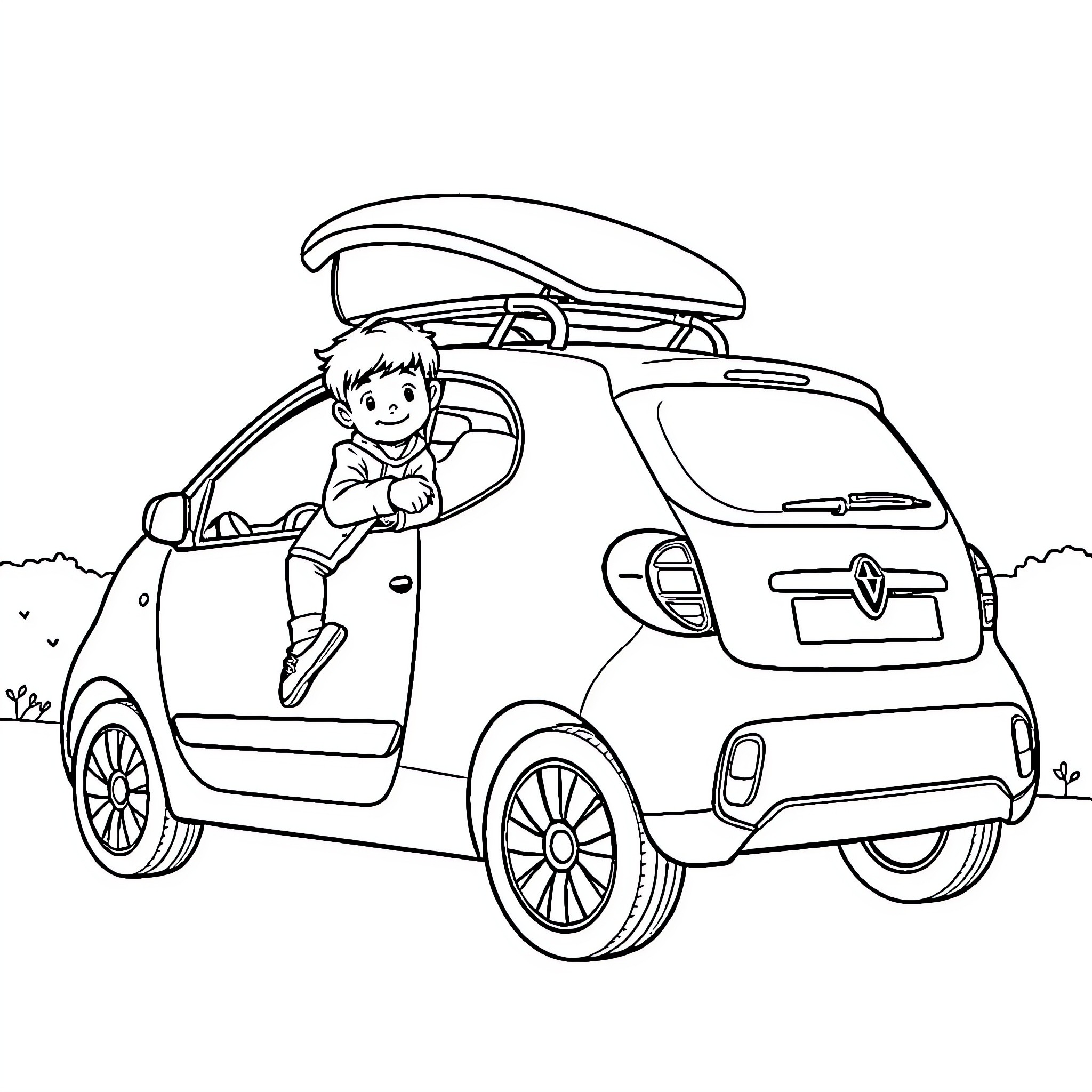 Twingo enjoying a road trip with gear on the roof Coloring Page (free black-and-white line drawing printable PDF for all, from beginners to advanced learners, including children, teens, adults, and seniors)