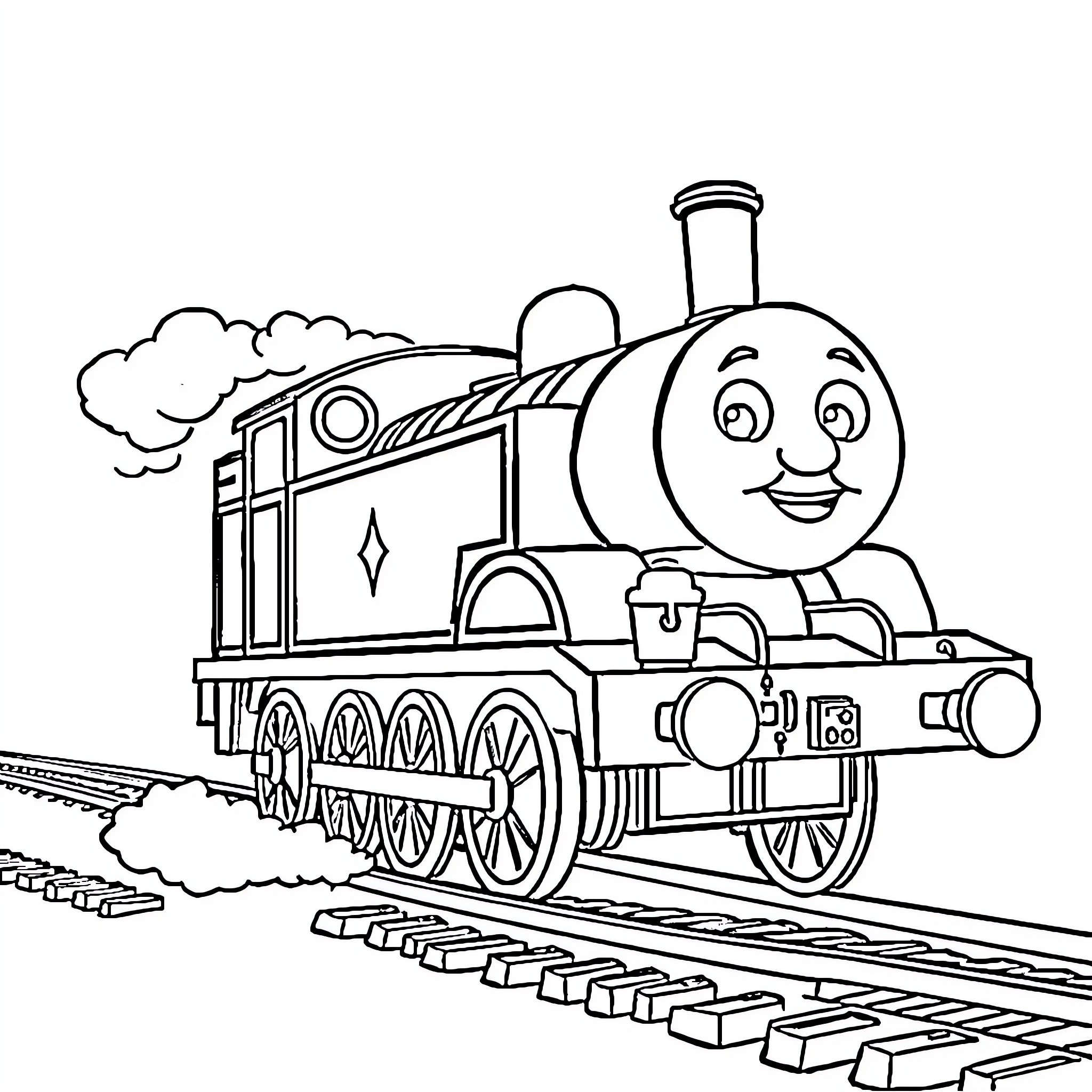 Thomas the train engine on the tracks Coloring Page (free black-and-white line drawing printable PDF for all, from beginners to advanced learners, including children, teens, adults, and seniors)