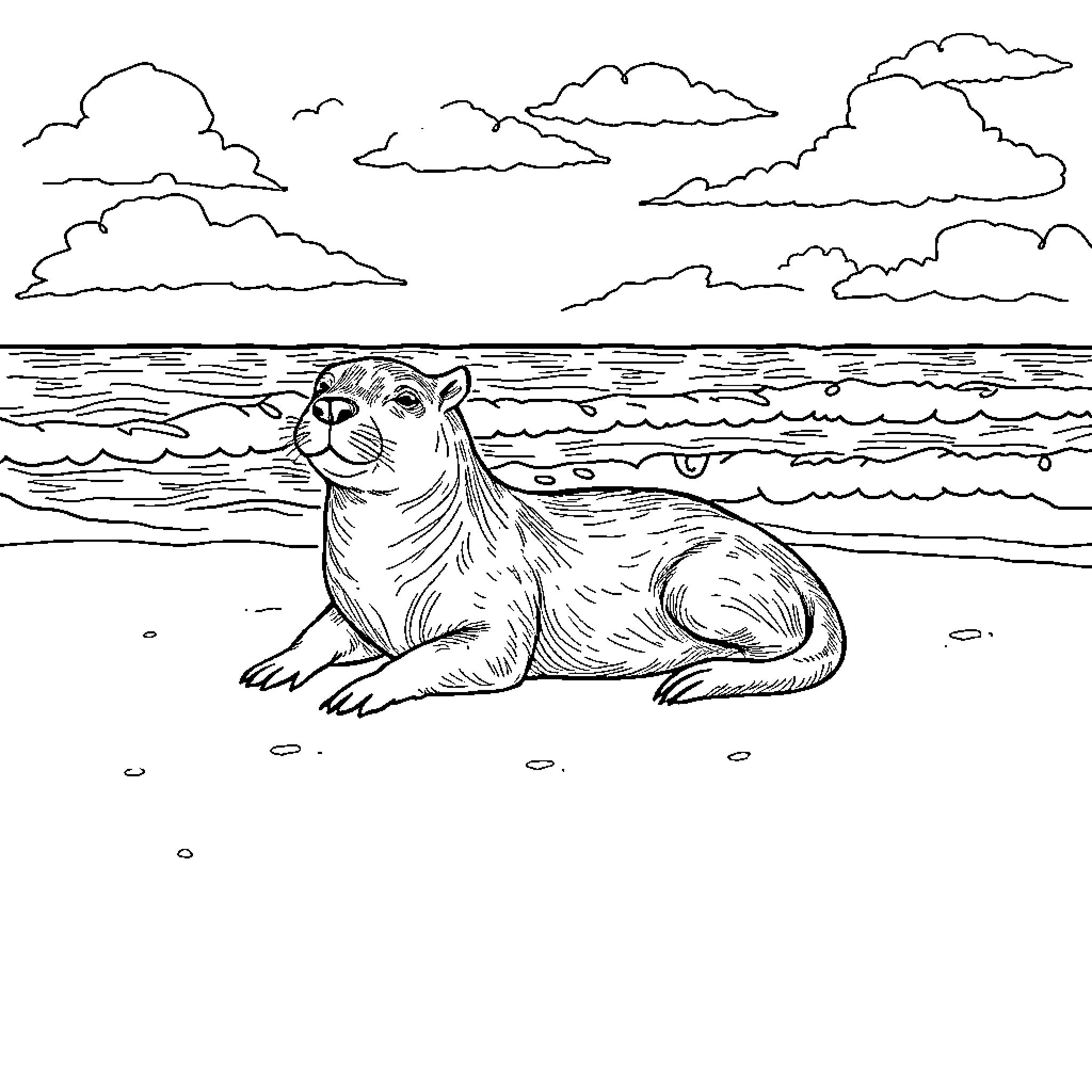 Capybara relaxing on the beach Coloring Page (free black-and-white line drawing printable PDF for all, from beginners to advanced learners, including children, teens, adults, and seniors)