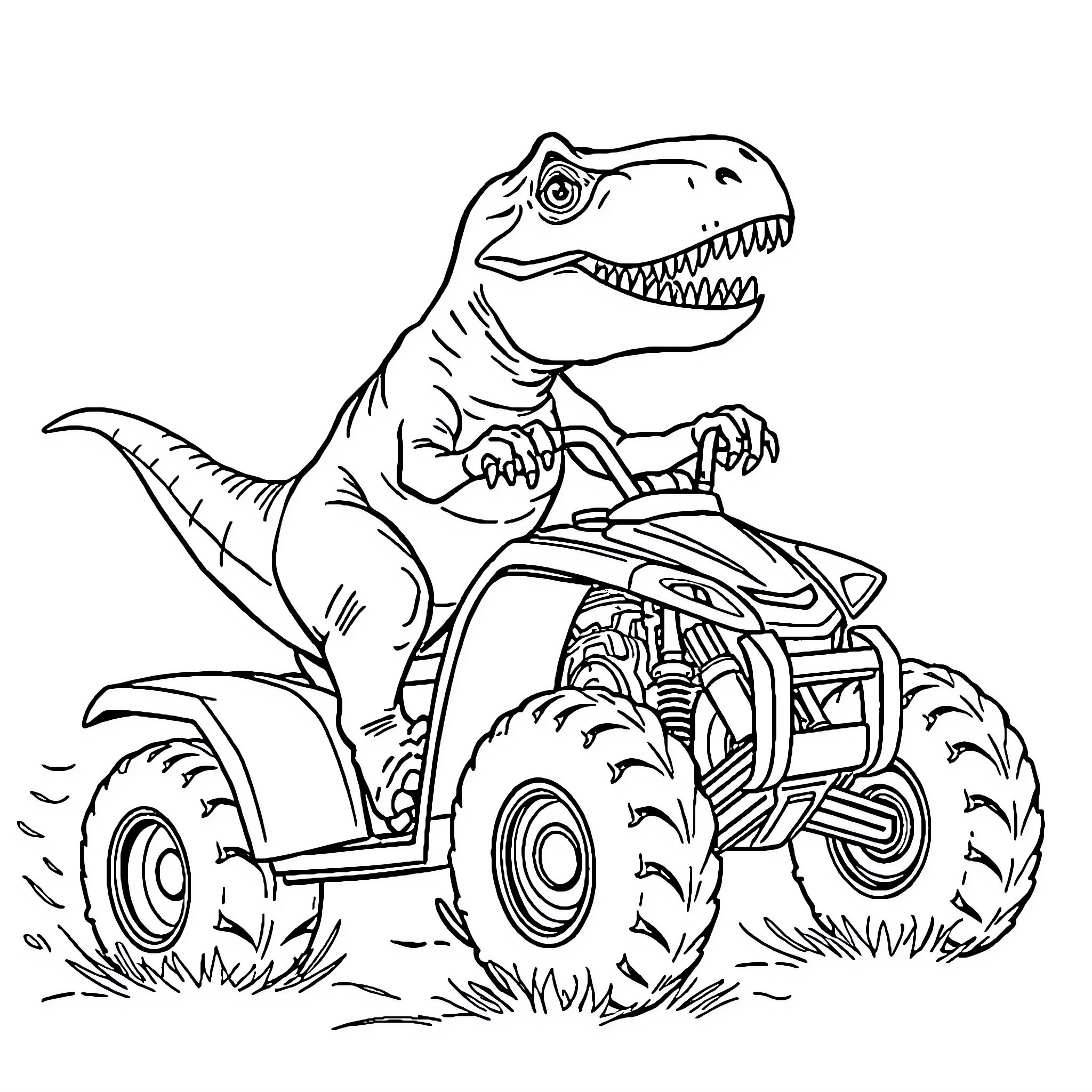 T-Rex riding an ATV in the wild Coloring Page (free black-and-white line drawing printable PDF for all, from beginners to advanced learners, including children, teens, adults, and seniors)