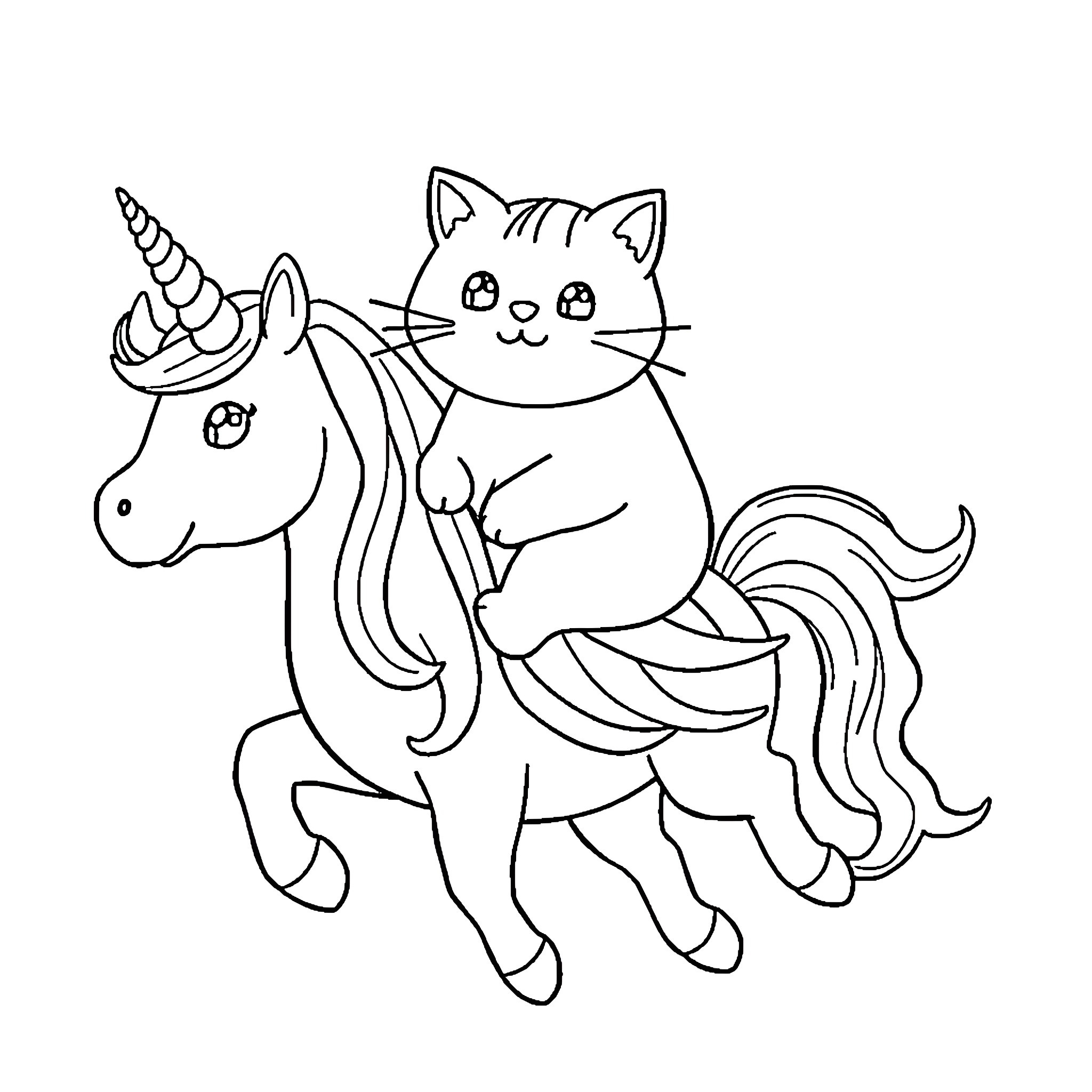 Pusheen riding a magical unicorn Coloring Page (free black-and-white line drawing printable PDF for all, from beginners to advanced learners, including children, teens, adults, and seniors)