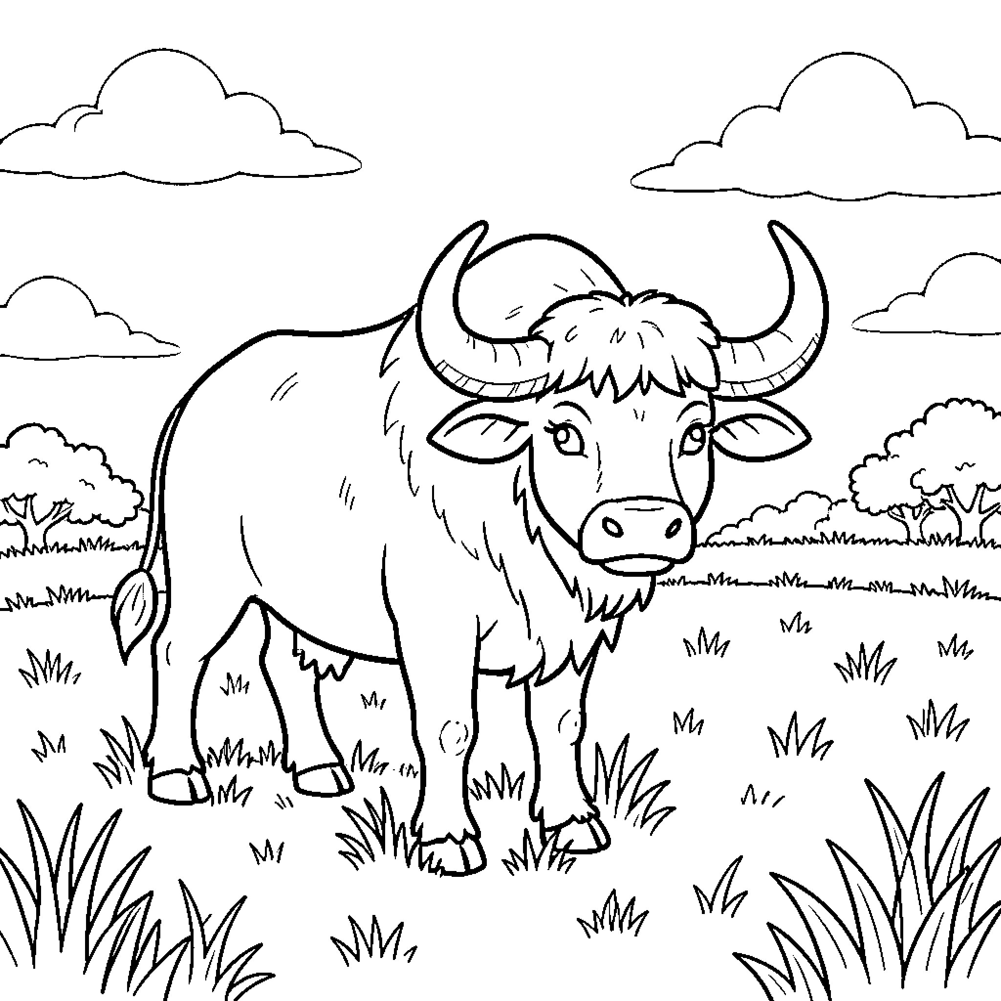 Buffalo in a peaceful meadow Coloring Page (free black-and-white line drawing printable PDF for all, from beginners to advanced learners, including children, teens, adults, and seniors)