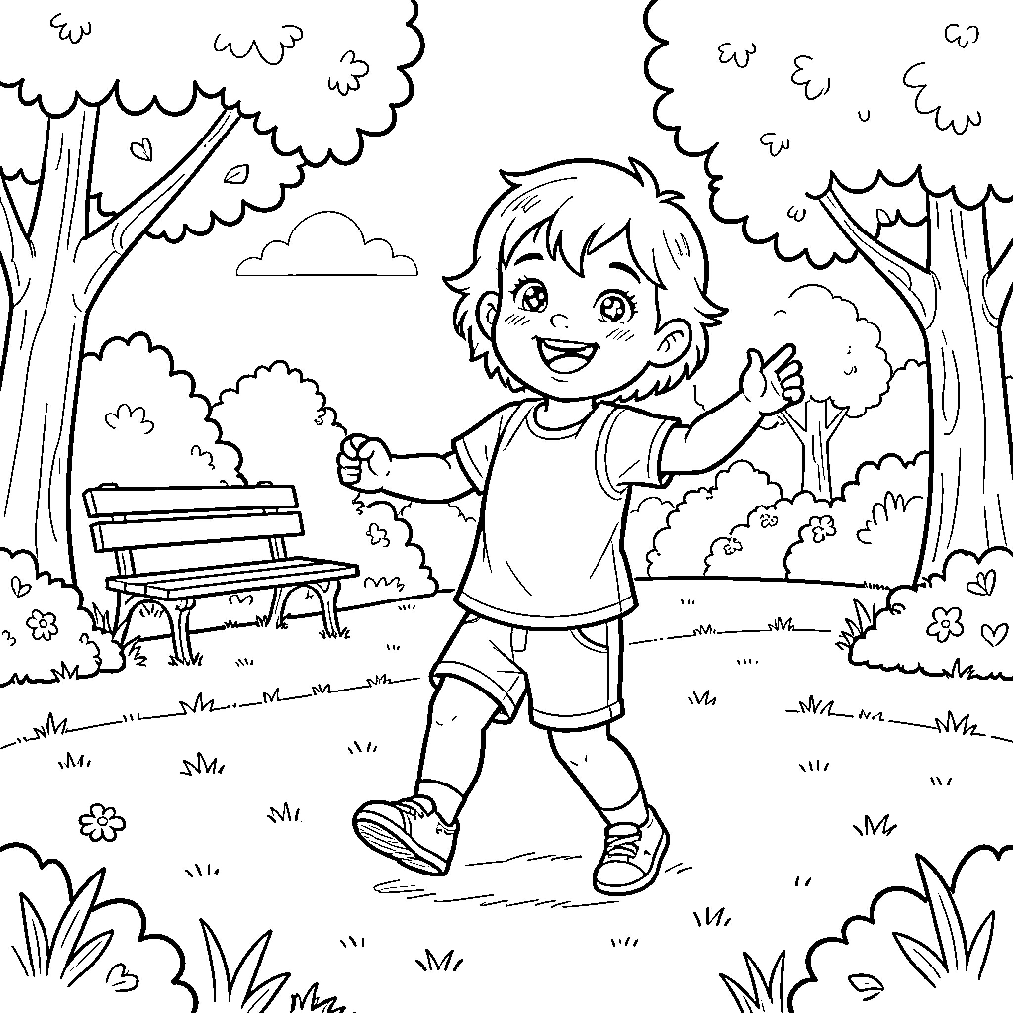 Child playing joyfully in the park Coloring Page (free black-and-white line drawing printable PDF for all, from beginners to advanced learners, including children, teens, adults, and seniors)