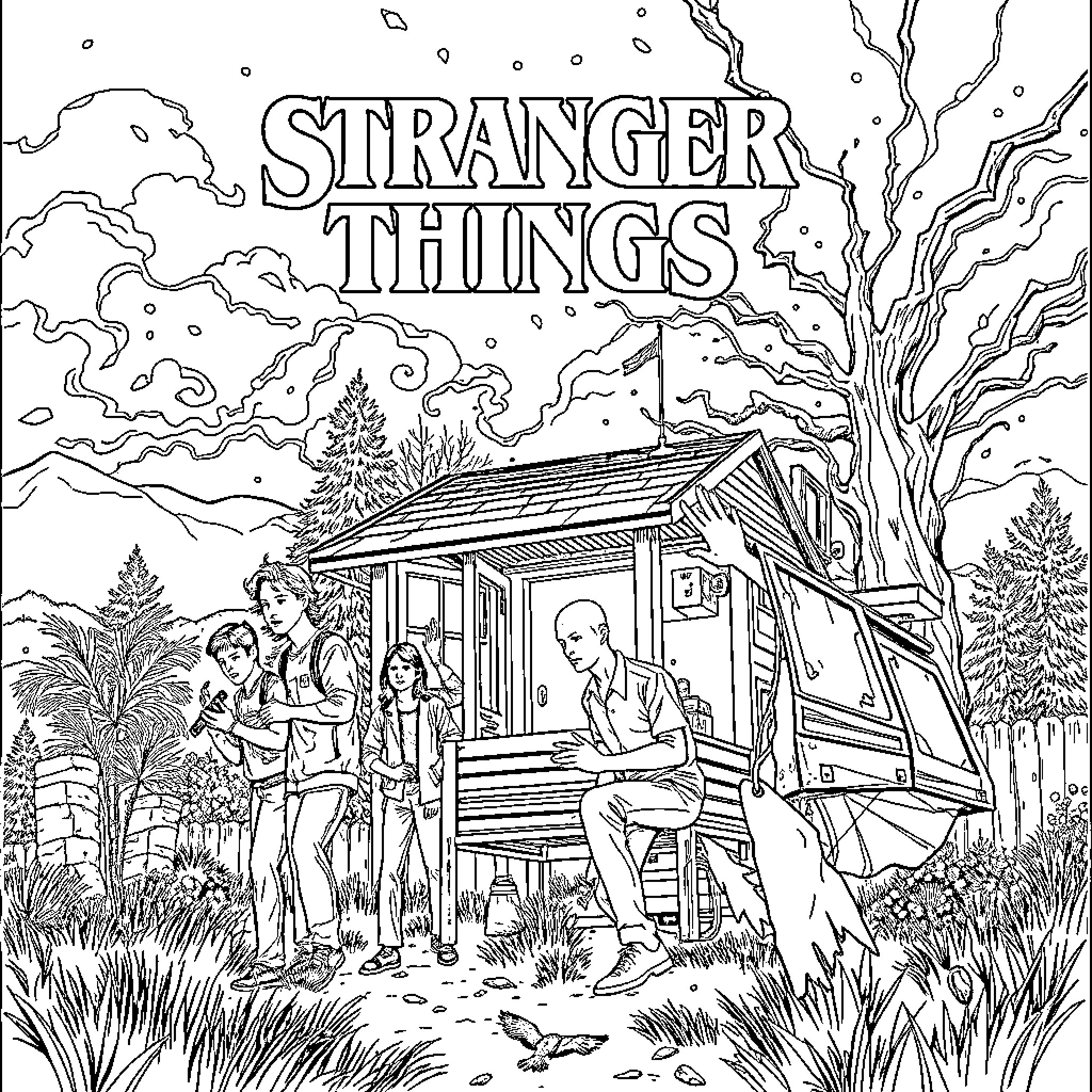 Stranger Things - Group of friends exploring the outdoors Coloring Page (free black-and-white line drawing printable PDF for all, from beginners to advanced learners, including children, teens, adults, and seniors)