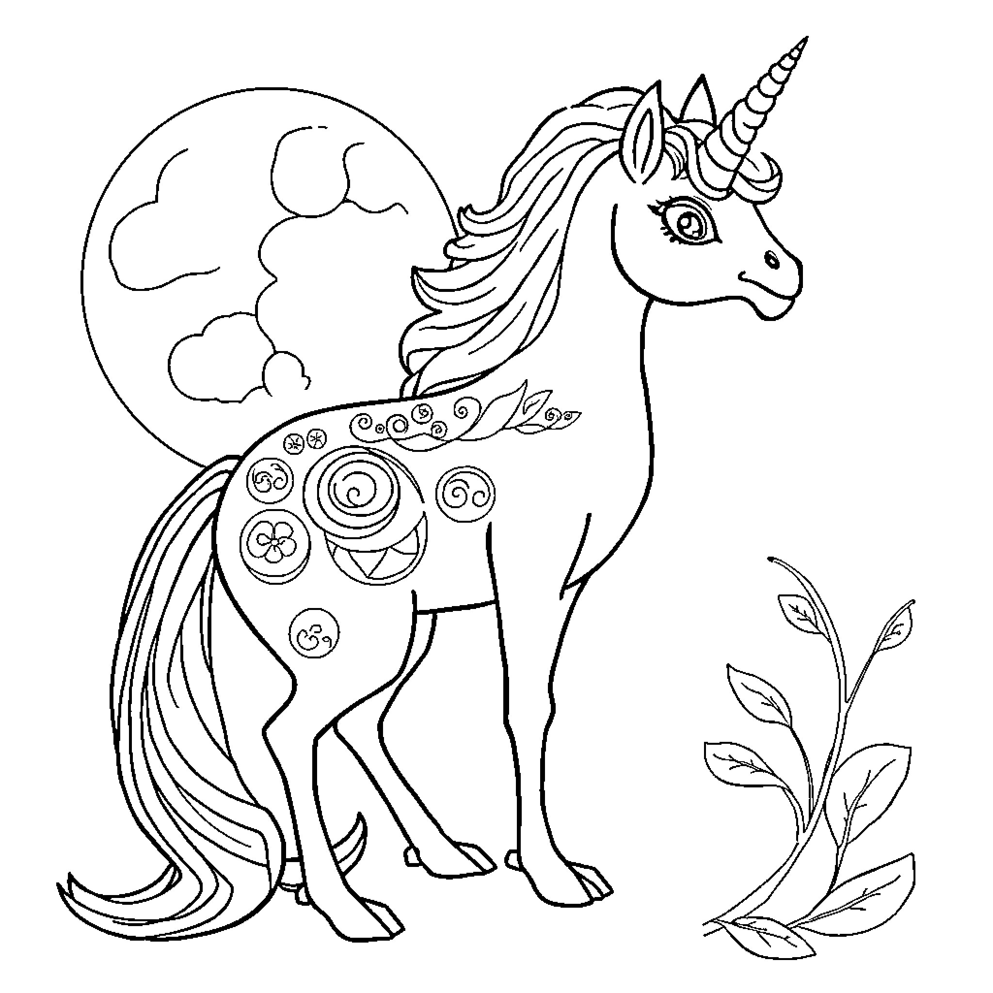 Unicorn enchanting under the moon Coloring Page (free black-and-white line drawing printable PDF for all, from beginners to advanced learners, including children, teens, adults, and seniors)