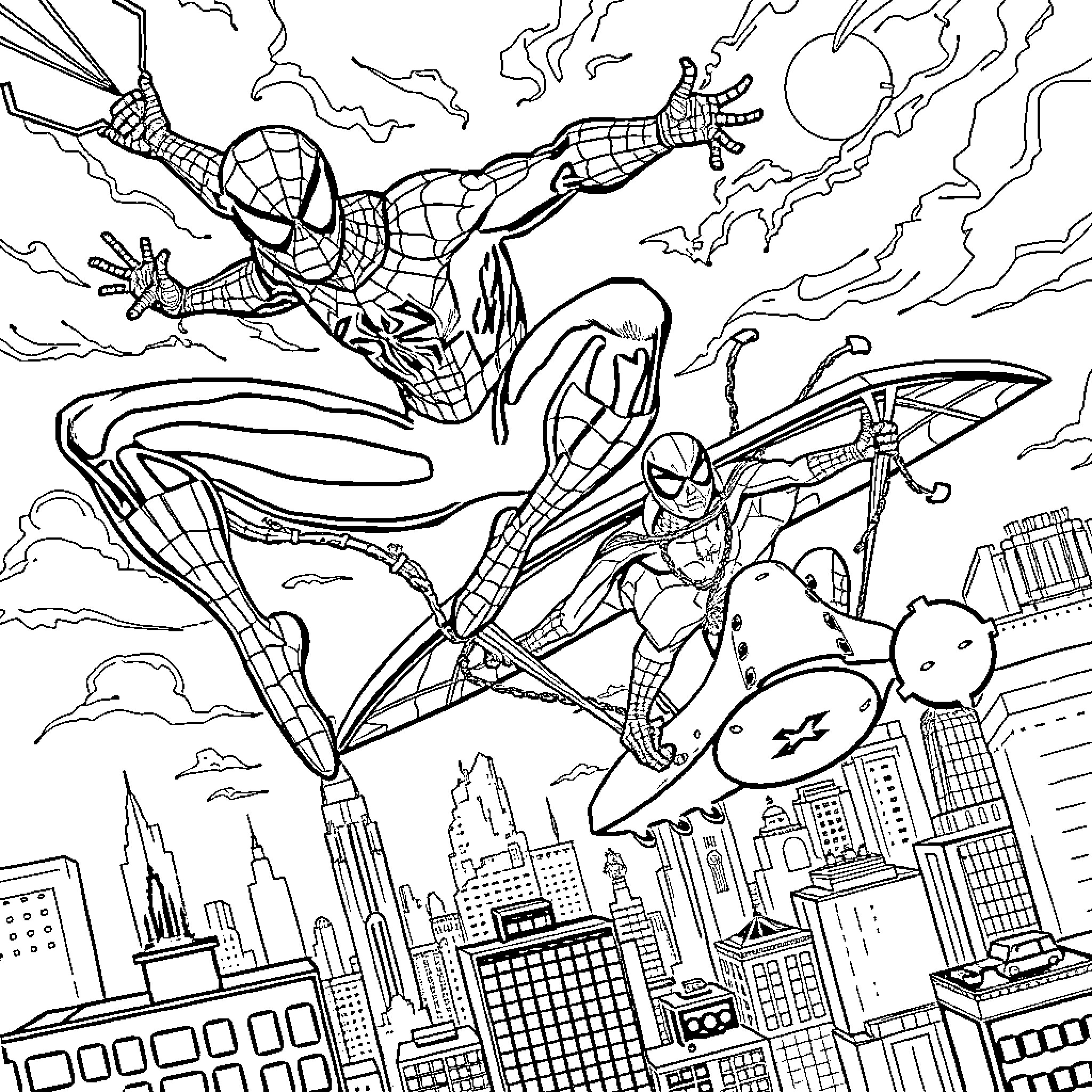 Spiderman swinging through the city with villains Coloring Page (free black-and-white line drawing printable PDF for all, from beginners to advanced learners, including children, teens, adults, and seniors)