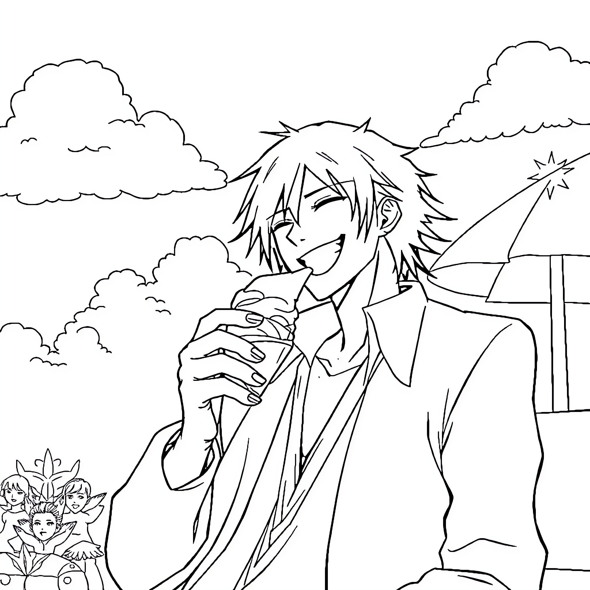 Ichigo's Cheerful Adventure in the Clouds Coloring Page (free black-and-white line drawing printable PDF for all, from beginners to advanced learners, including children, teens, adults, and seniors)