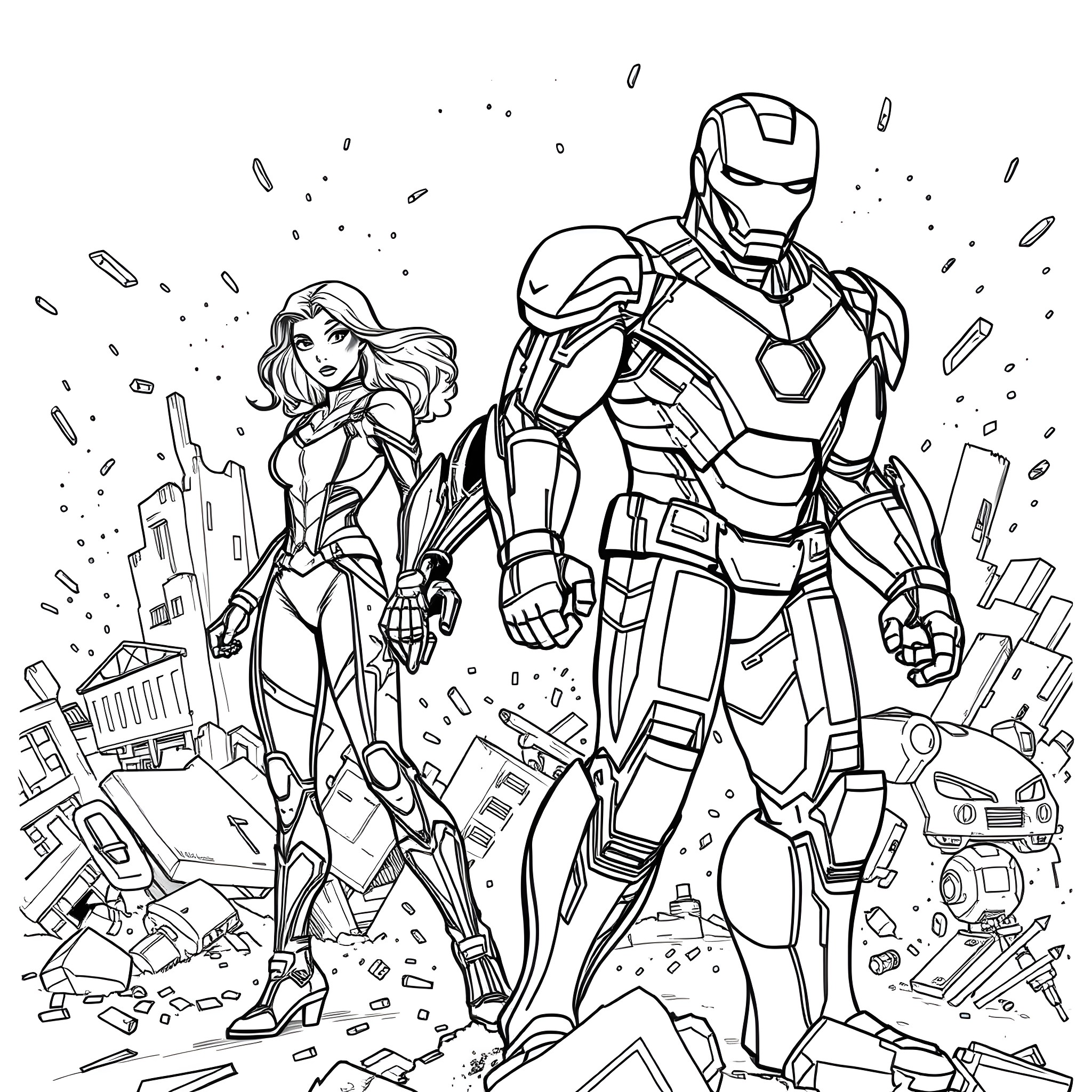 Black Widow and Iron Man confront villains in the city Coloring Page (free black-and-white line drawing printable PDF for all, from beginners to advanced learners, including children, teens, adults, and seniors)