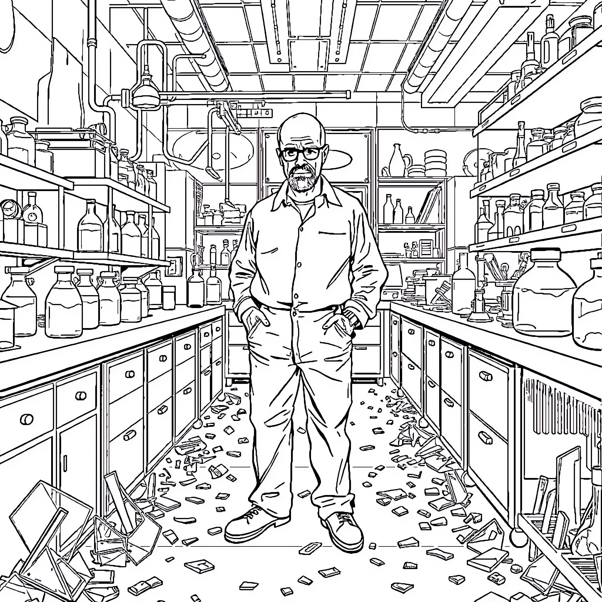 Walter White in a messy chemistry lab Coloring Page (free black-and-white line drawing printable PDF for all, from beginners to advanced learners, including children, teens, adults, and seniors)