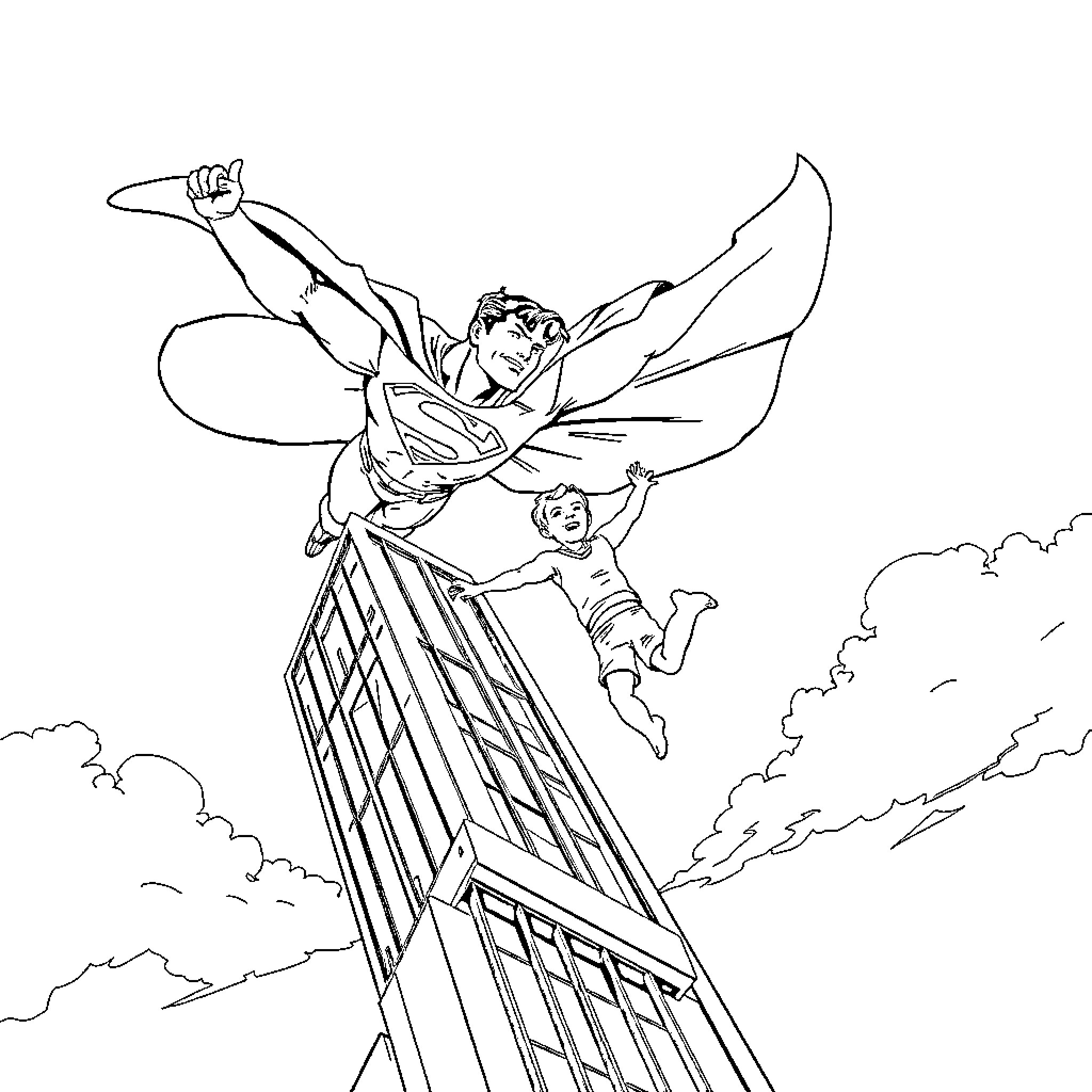 Superman soaring through the sky to save the day Coloring Page (free black-and-white line drawing printable PDF for all, from beginners to advanced learners, including children, teens, adults, and seniors)