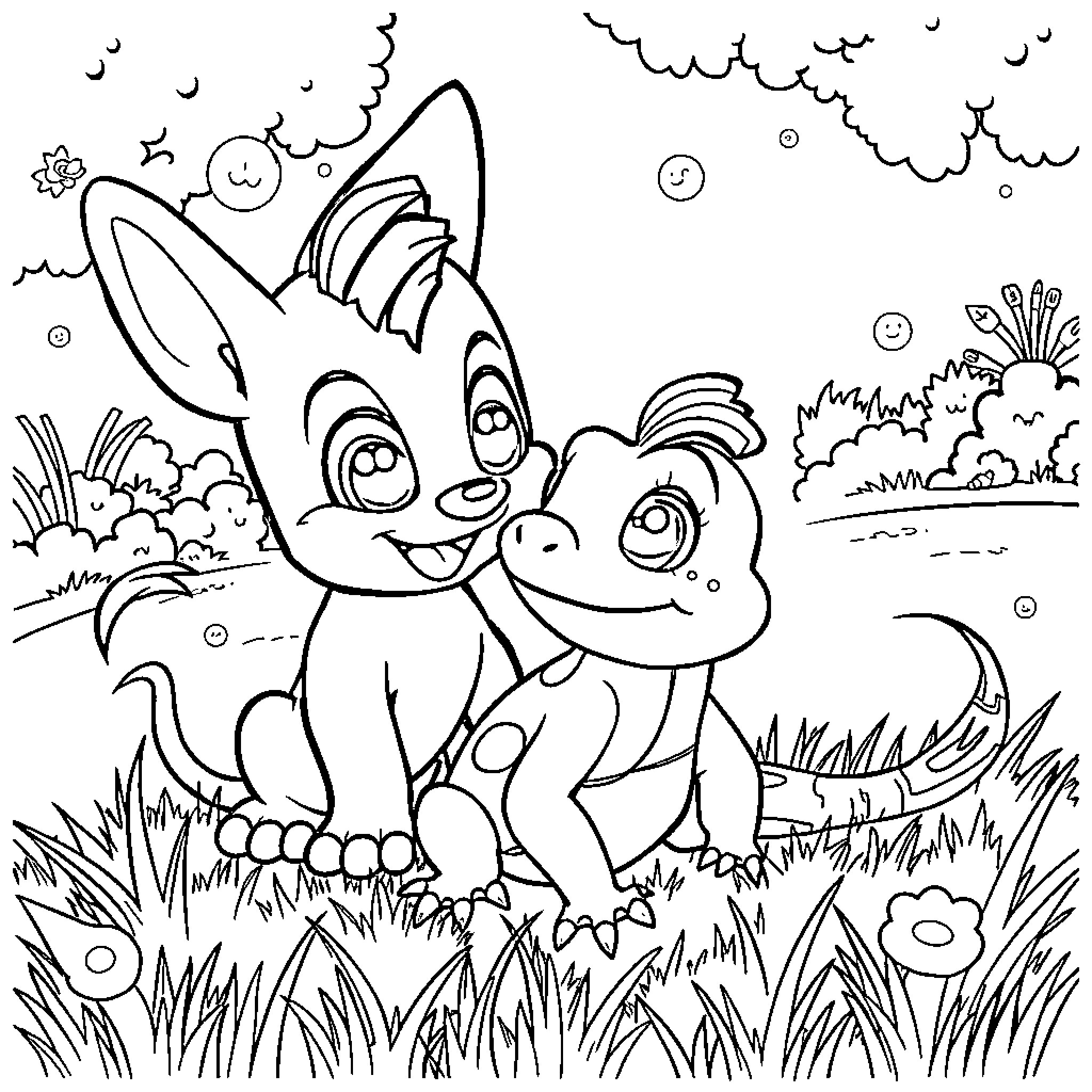 Bluey and Friends Enjoying the Outdoors Coloring Page (free black-and-white line drawing printable PDF for all, from beginners to advanced learners, including children, teens, adults, and seniors)