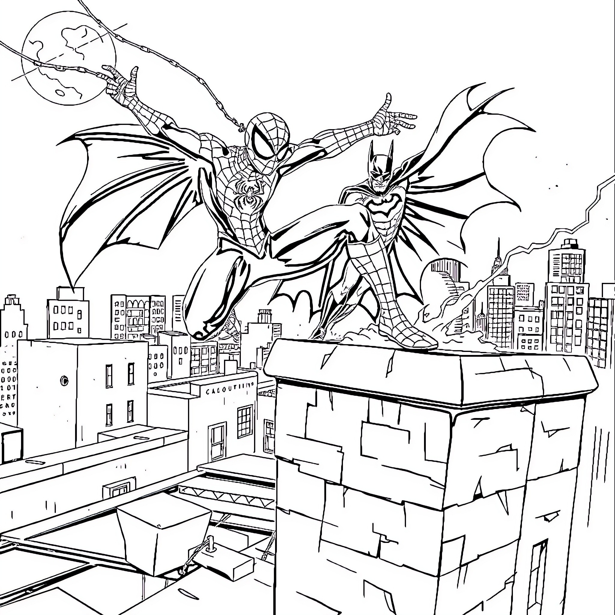Spiderman and Batman heroically soaring above the city Coloring Page (free black-and-white line drawing printable PDF for all, from beginners to advanced learners, including children, teens, adults, and seniors)