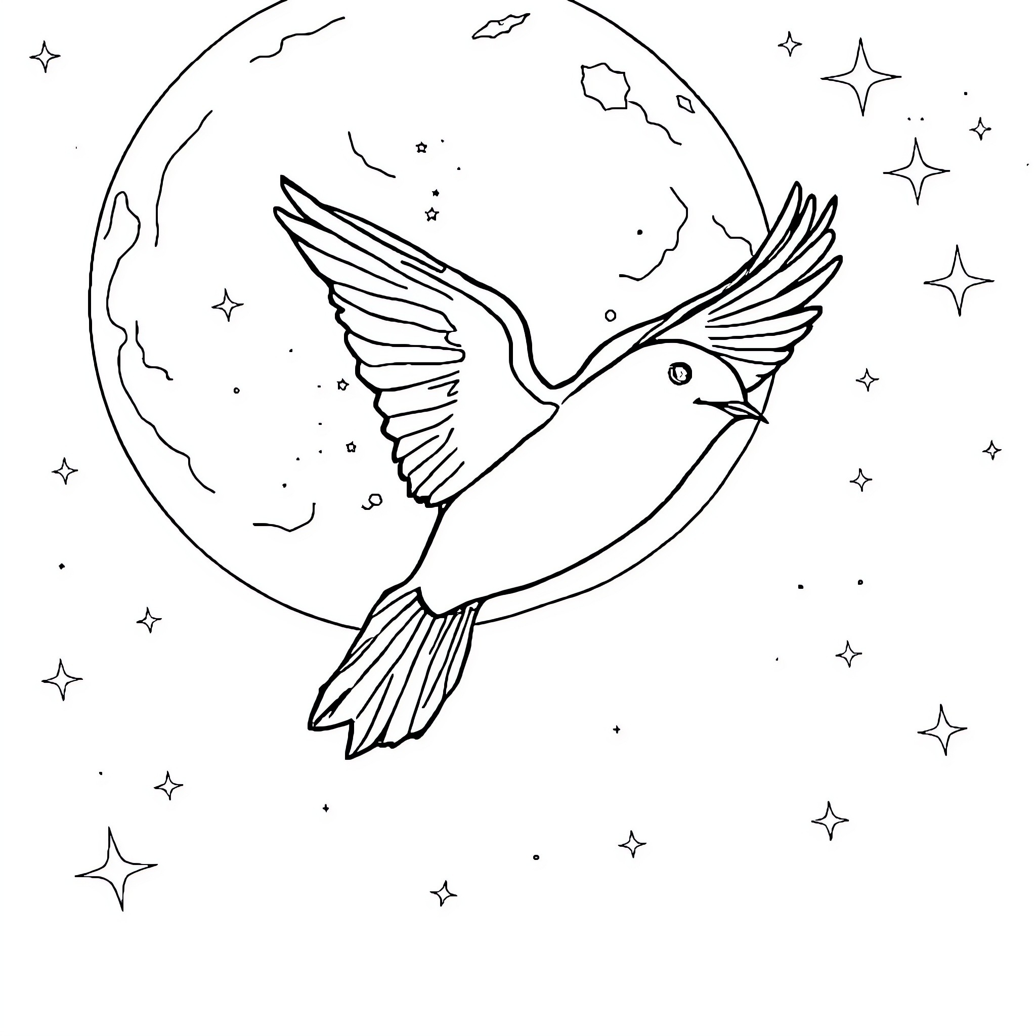 Chauve Souris flying gracefully under the moonlight Coloring Page (free black-and-white line drawing printable PDF for all, from beginners to advanced learners, including children, teens, adults, and seniors)