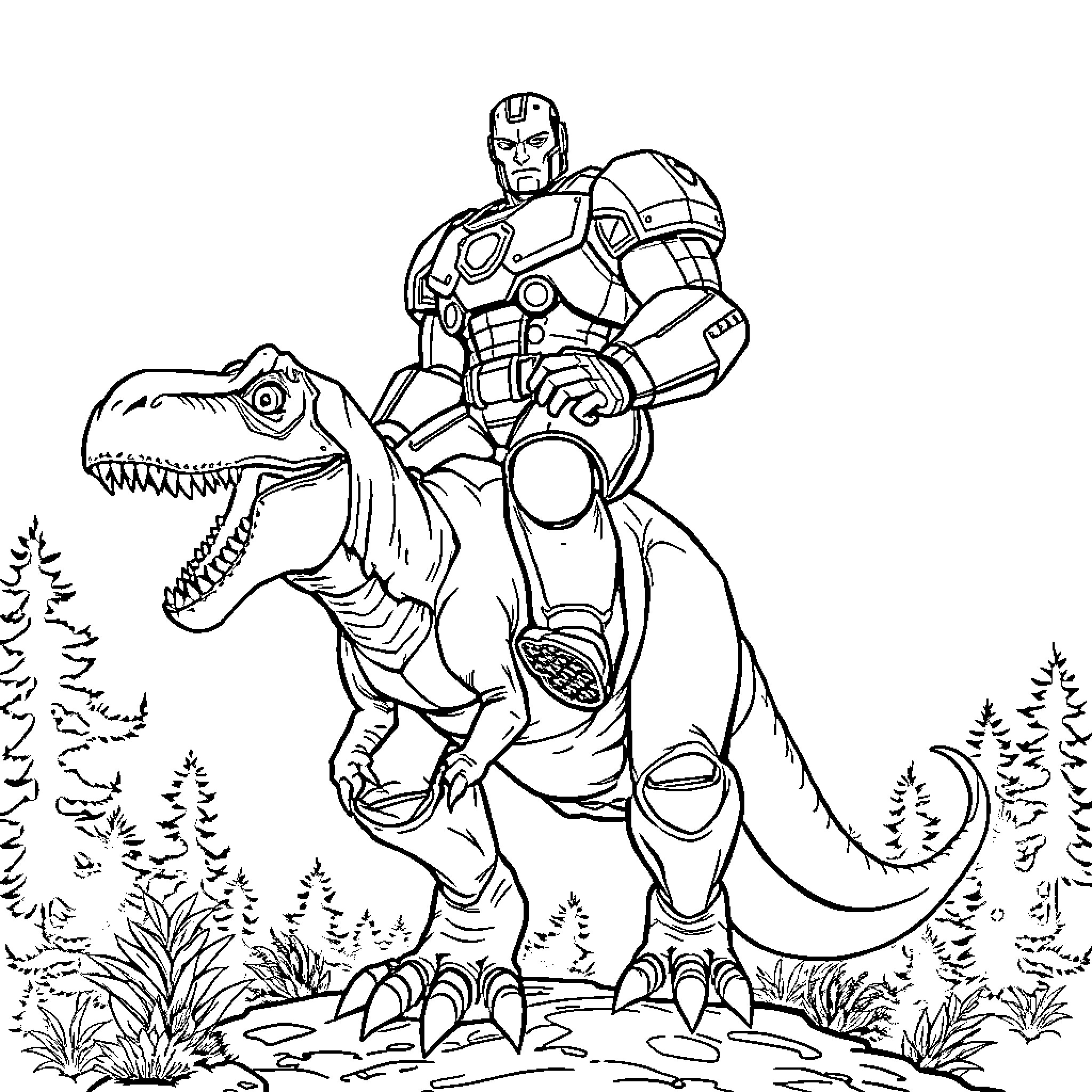 Giant Superhero Rides Fierce Dinosaur in Wilderness Coloring Page (free black-and-white line drawing printable PDF for all, from beginners to advanced learners, including children, teens, adults, and seniors)
