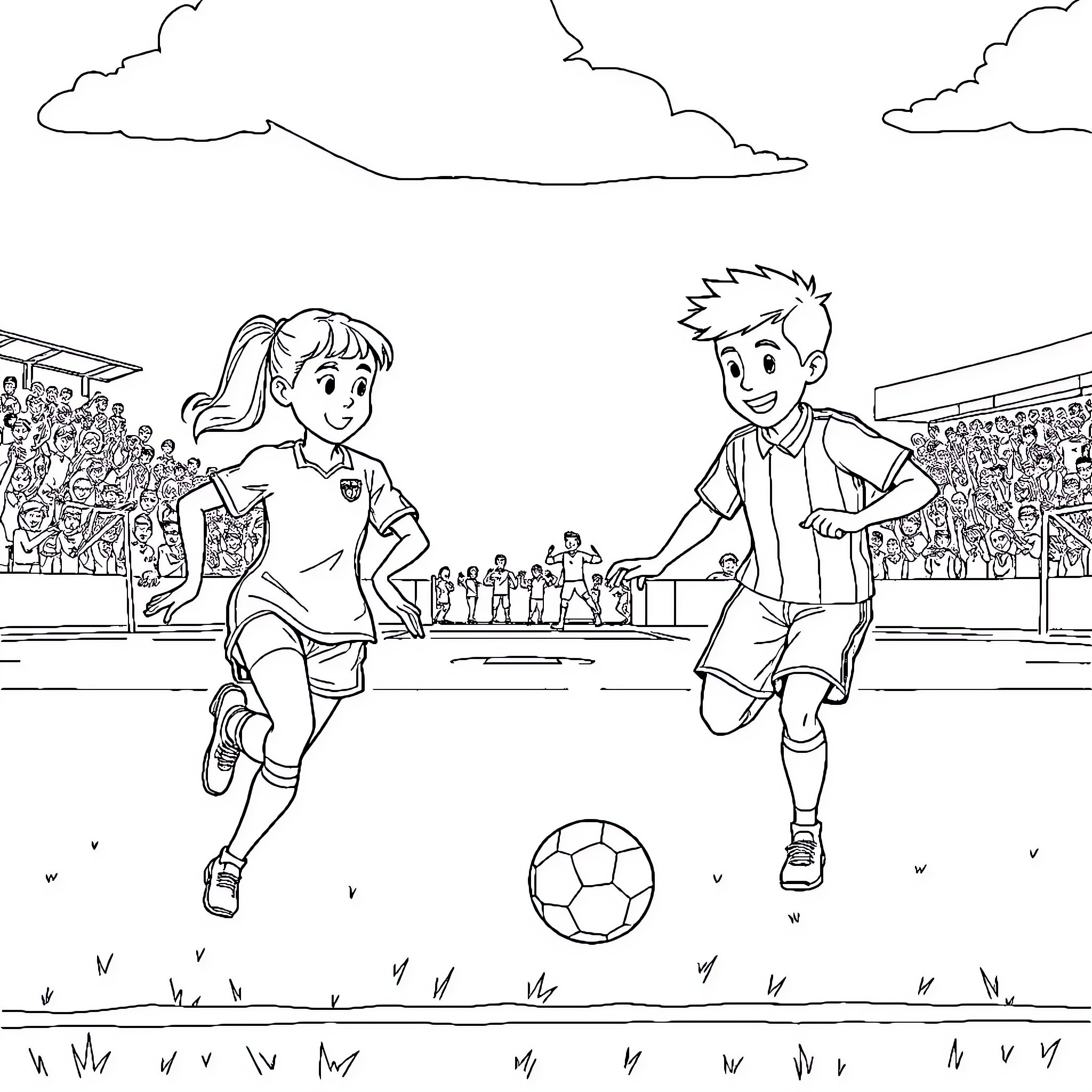 Olive et Tom playing soccer on the field Coloring Page (free black-and-white line drawing printable PDF for all, from beginners to advanced learners, including children, teens, adults, and seniors)
