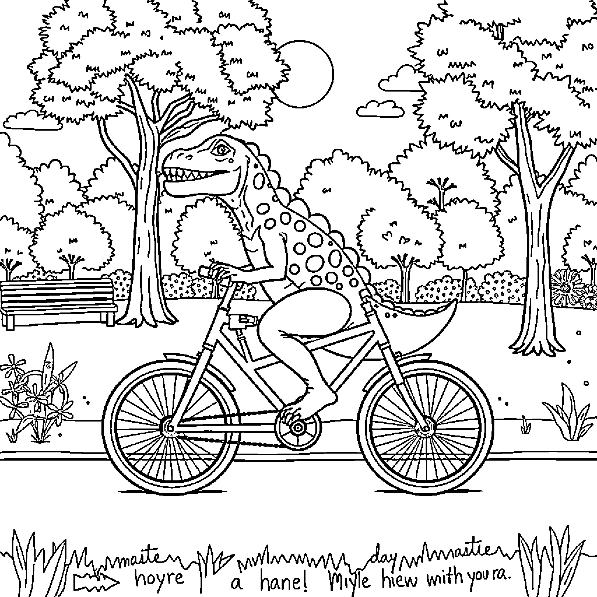 Dinosaur riding a bicycle in a park Coloring Page (free black-and-white line drawing printable PDF for all, from beginners to advanced learners, including children, teens, adults, and seniors)