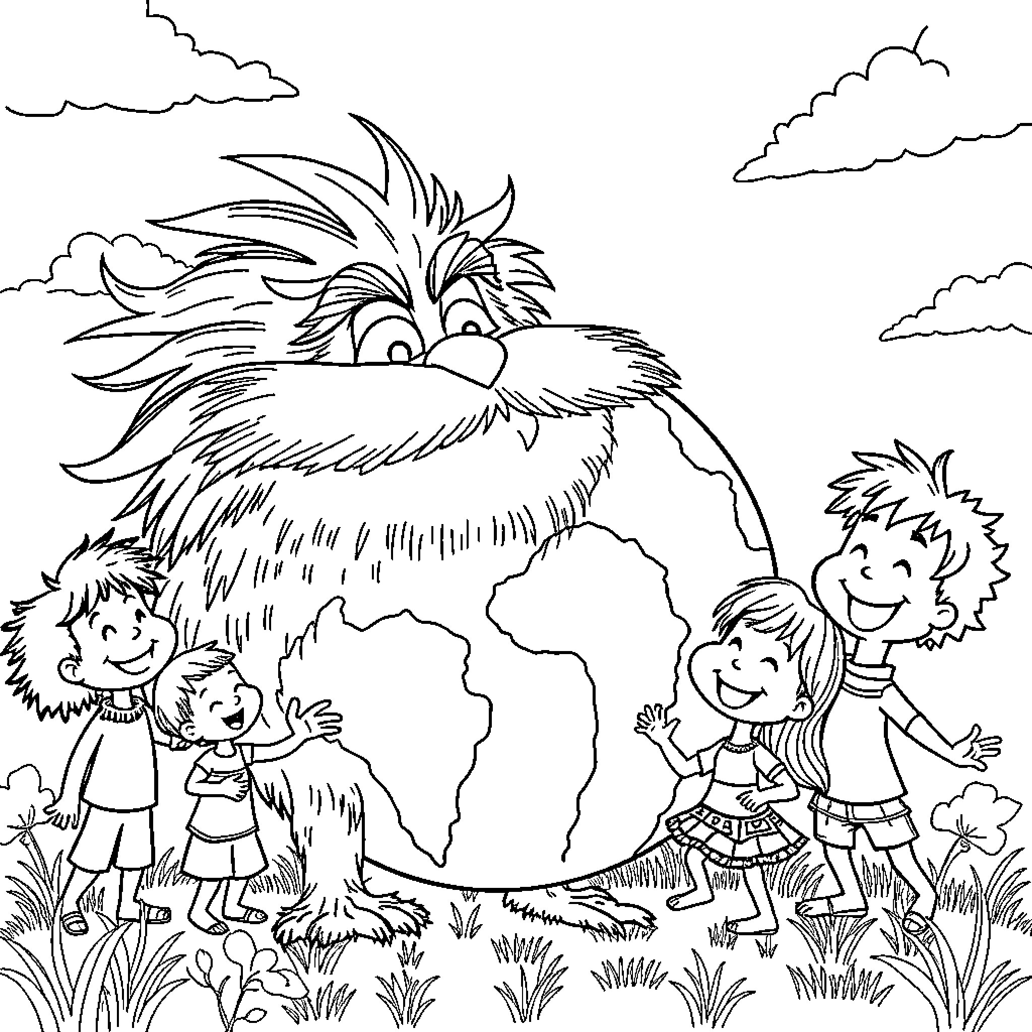 Lorax observing children playing in nature Coloring Page (free black-and-white line drawing printable PDF for all, from beginners to advanced learners, including children, teens, adults, and seniors)