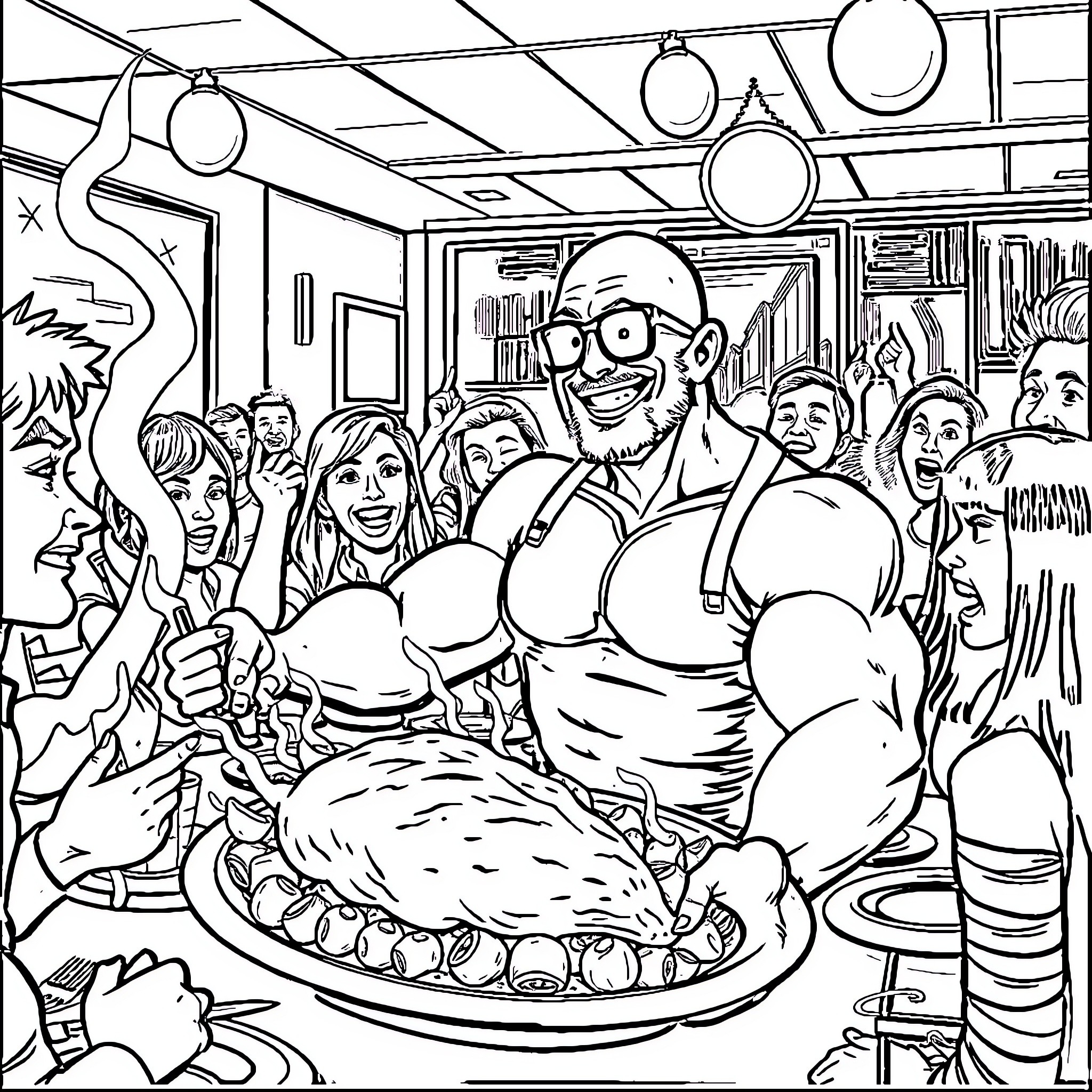 Man celebrating Thanksgiving dinner with family and friends Coloring Page (free black-and-white line drawing printable PDF for all, from beginners to advanced learners, including children, teens, adults, and seniors)